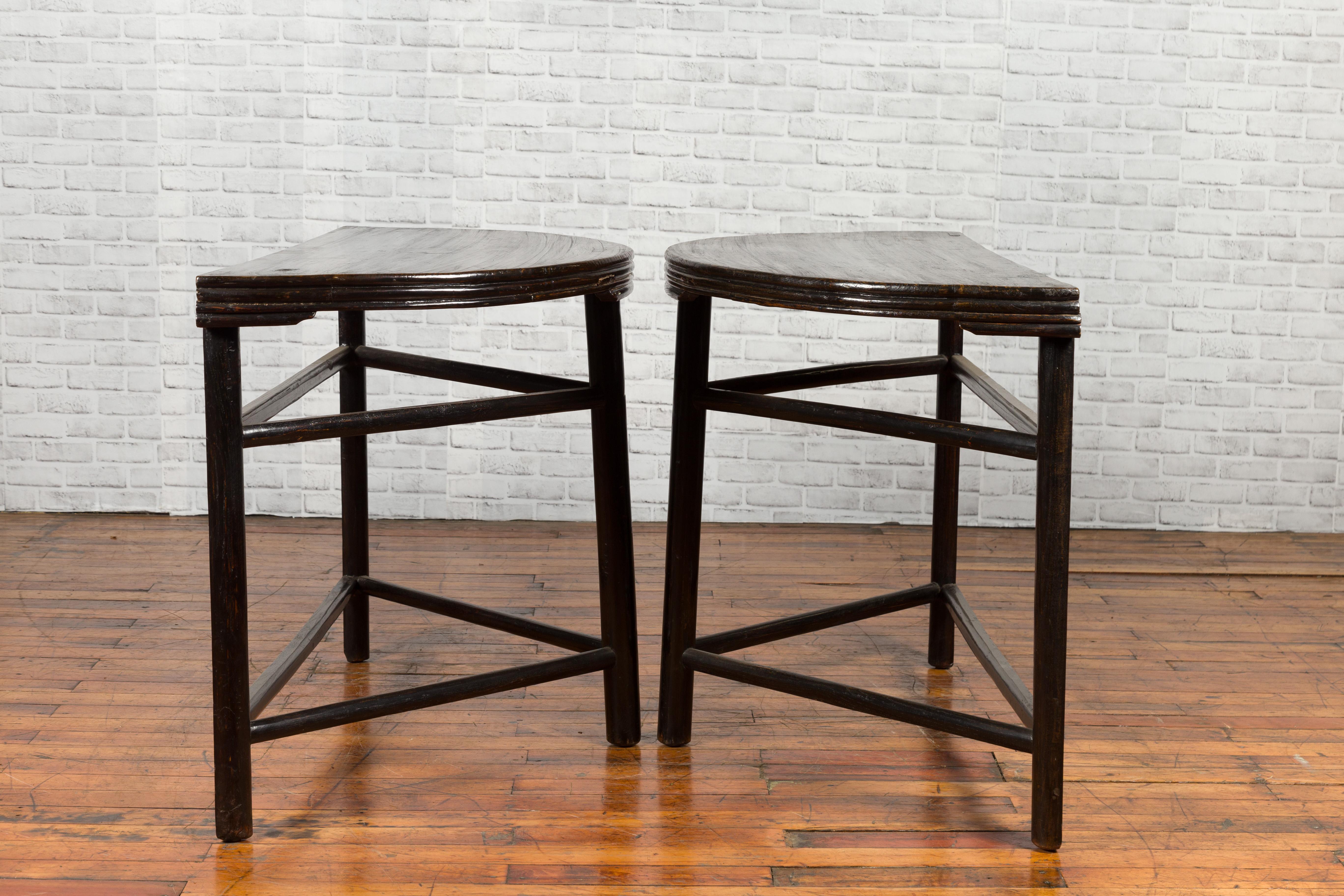 Pair of Chinese 19th Century Qing Dynasty Demilune Tables with Dark Patina 4