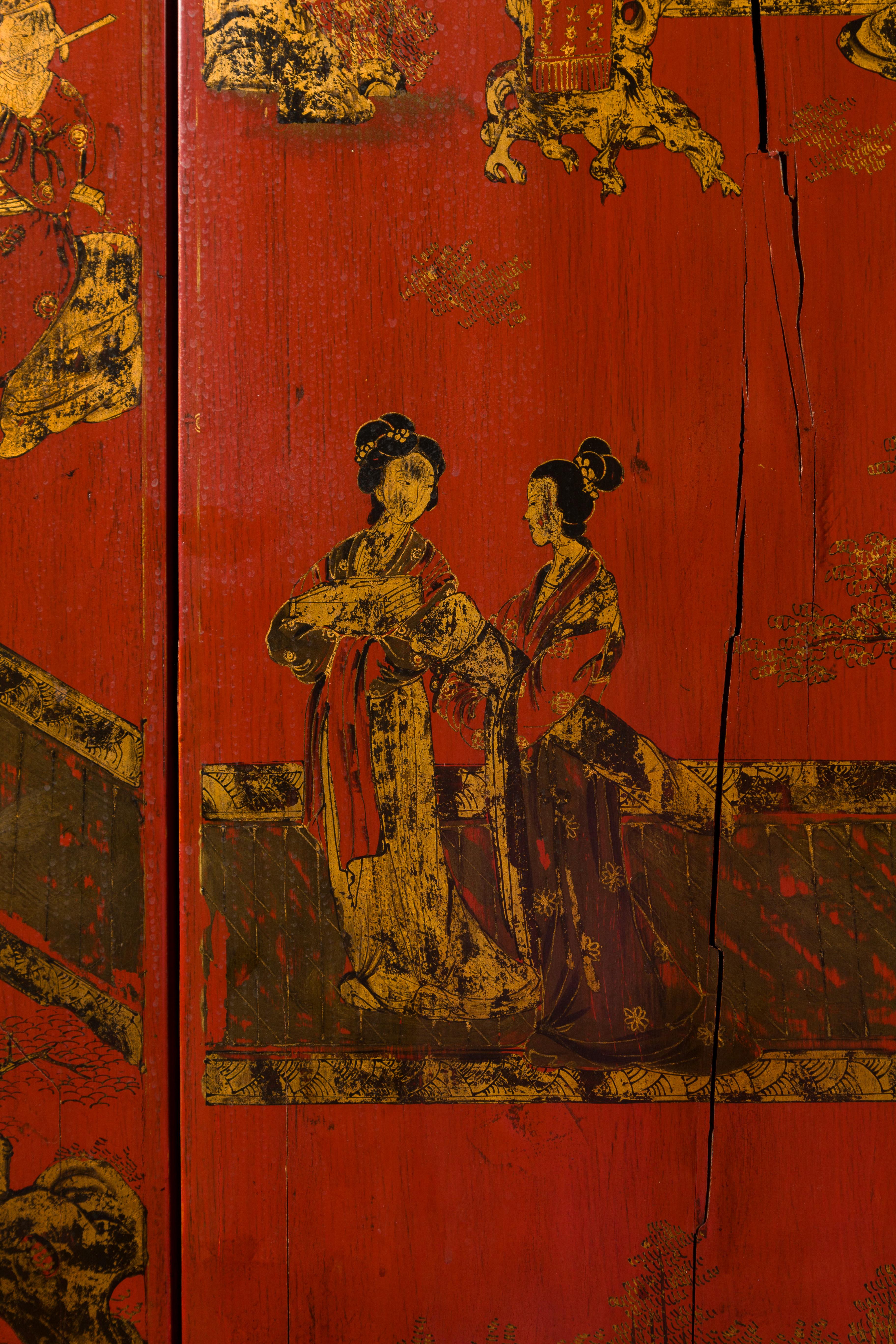 Pair of Chinese 19th Century Qing Red Lacquered Cabinets with Chinoiserie Decor 6