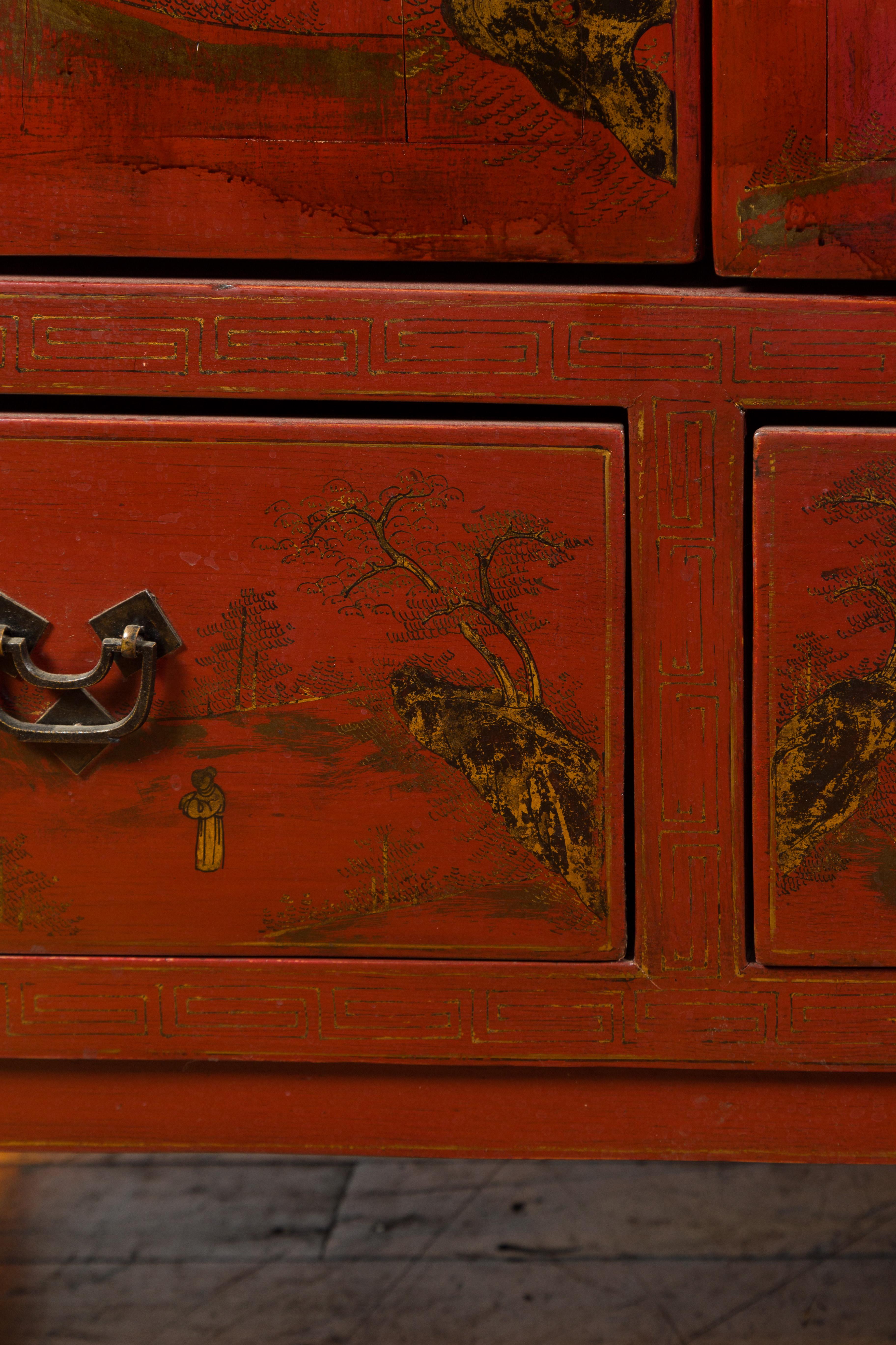 Pair of Chinese 19th Century Qing Red Lacquered Cabinets with Chinoiserie Decor 7