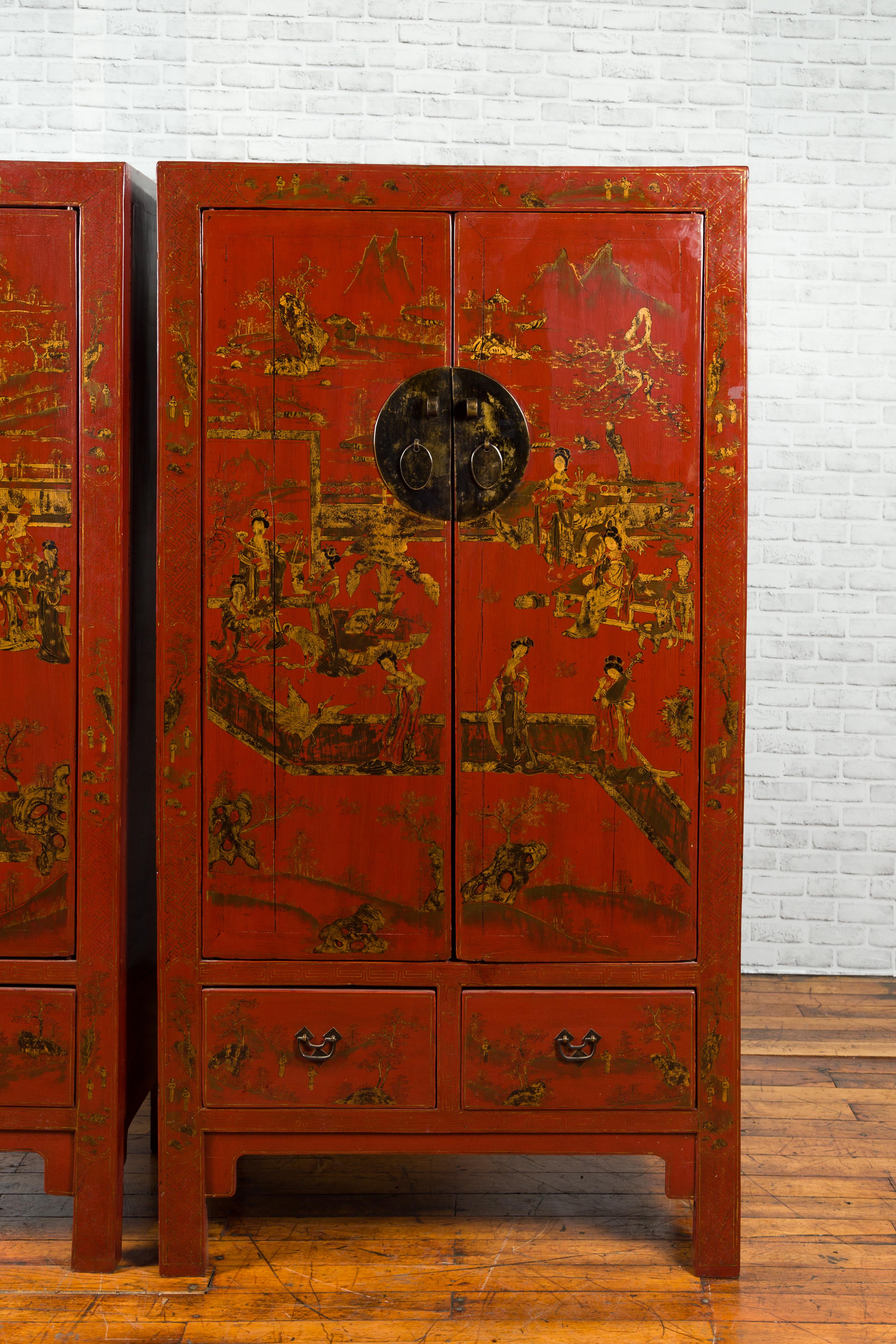 Pair of Chinese 19th Century Qing Red Lacquered Cabinets with Chinoiserie Decor 8