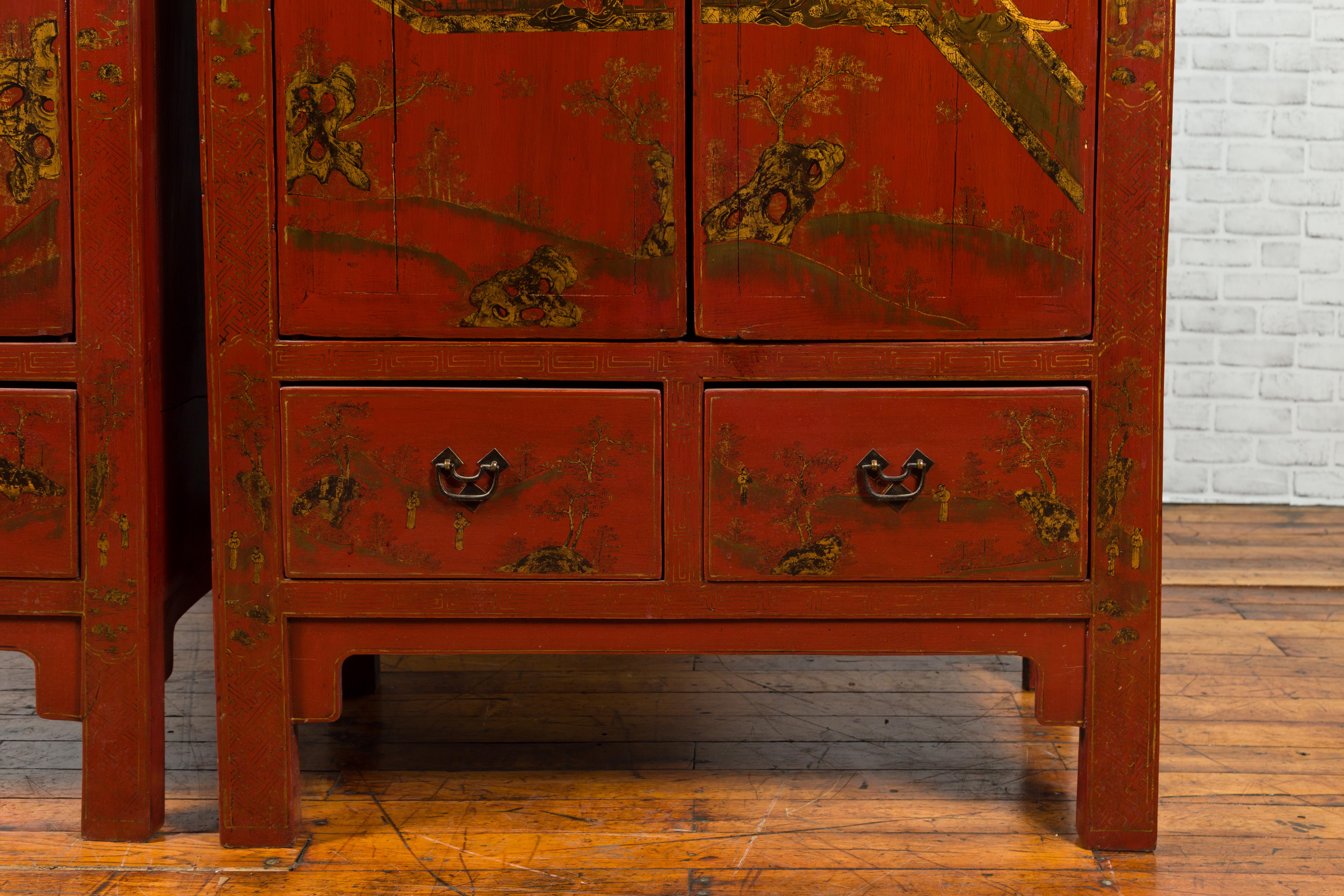 Pair of Chinese 19th Century Qing Red Lacquered Cabinets with Chinoiserie Decor 10