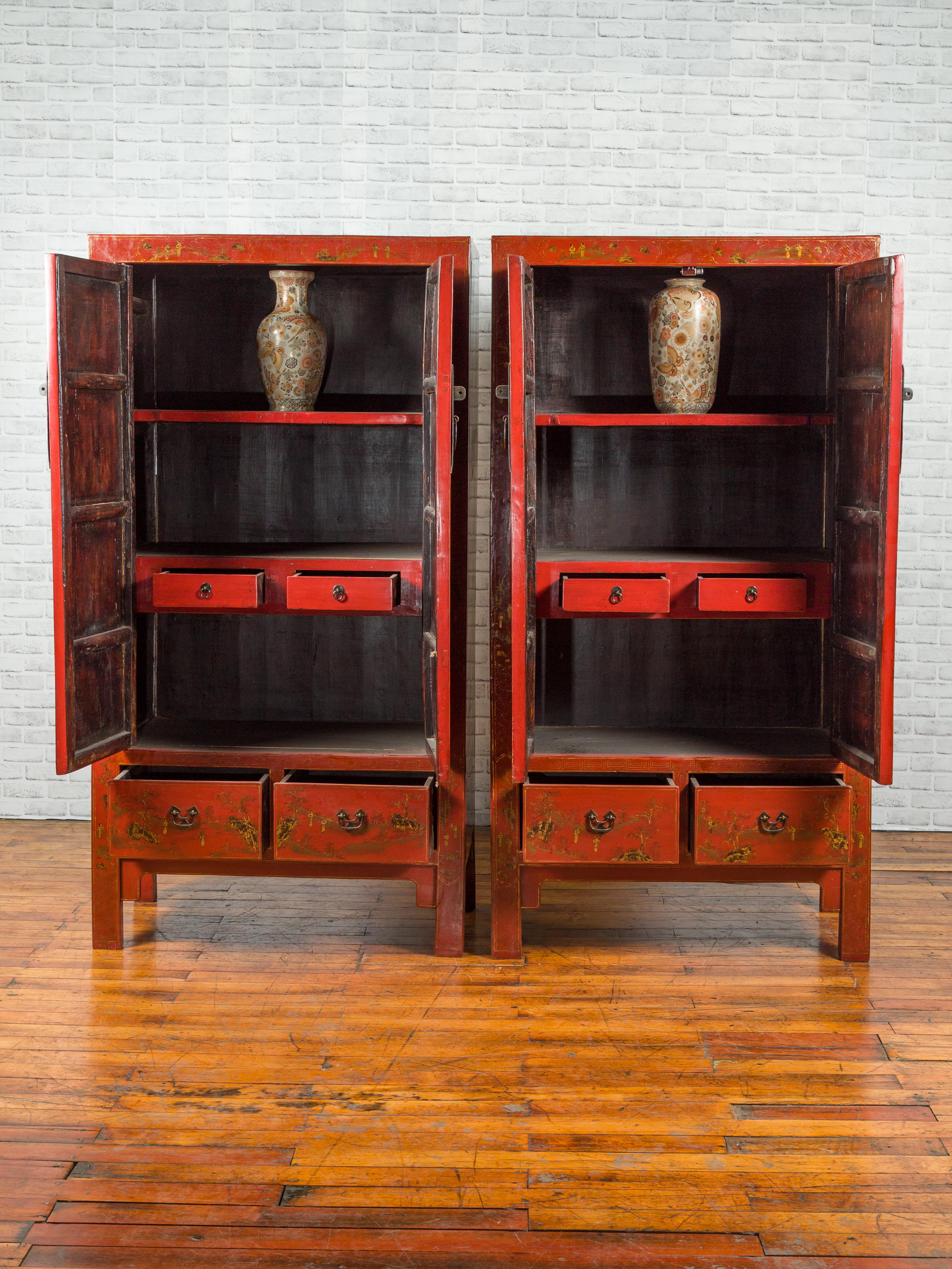 Pair of Chinese 19th Century Qing Red Lacquered Cabinets with Chinoiserie Decor In Good Condition In Yonkers, NY