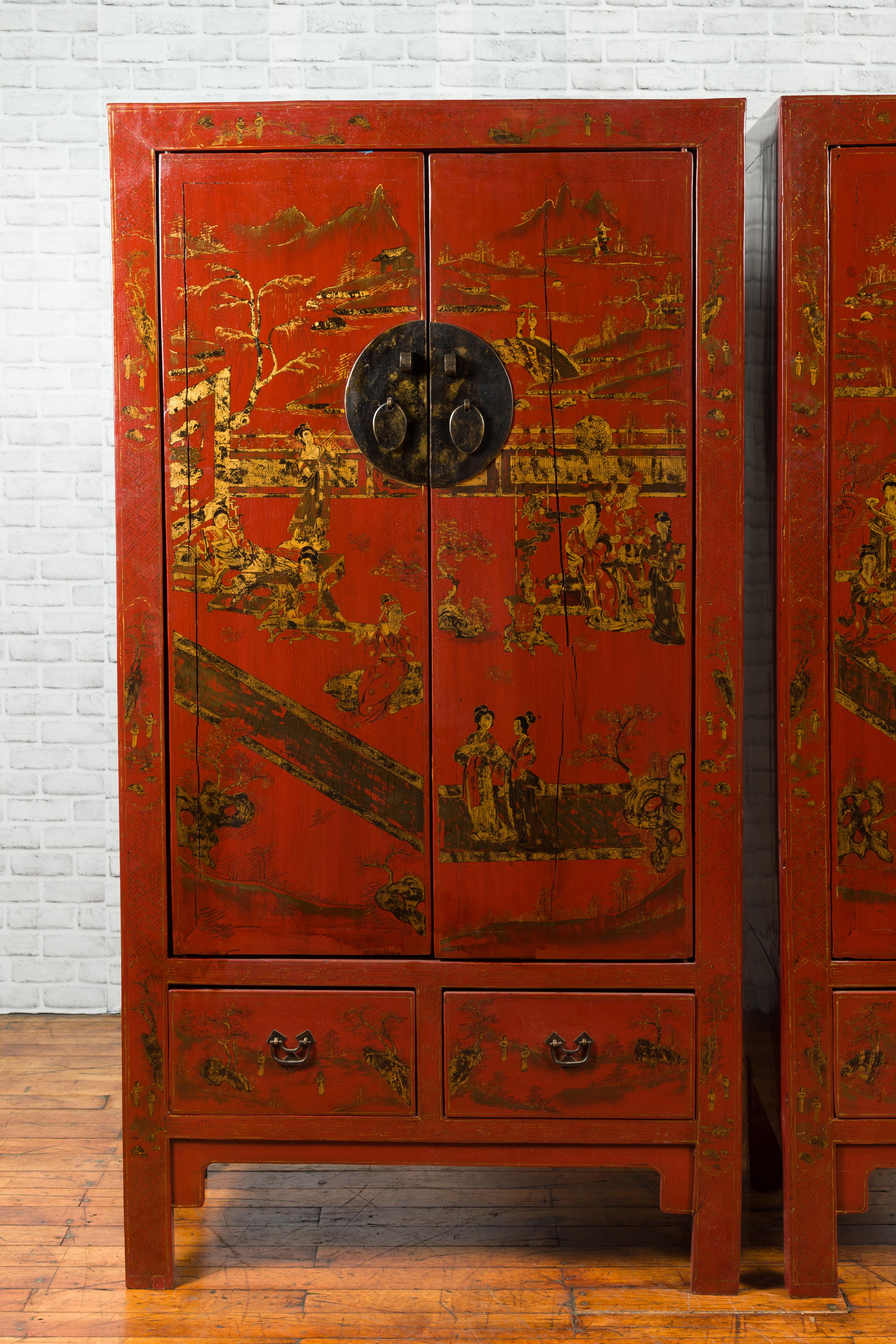 Wood Pair of Chinese 19th Century Qing Red Lacquered Cabinets with Chinoiserie Decor