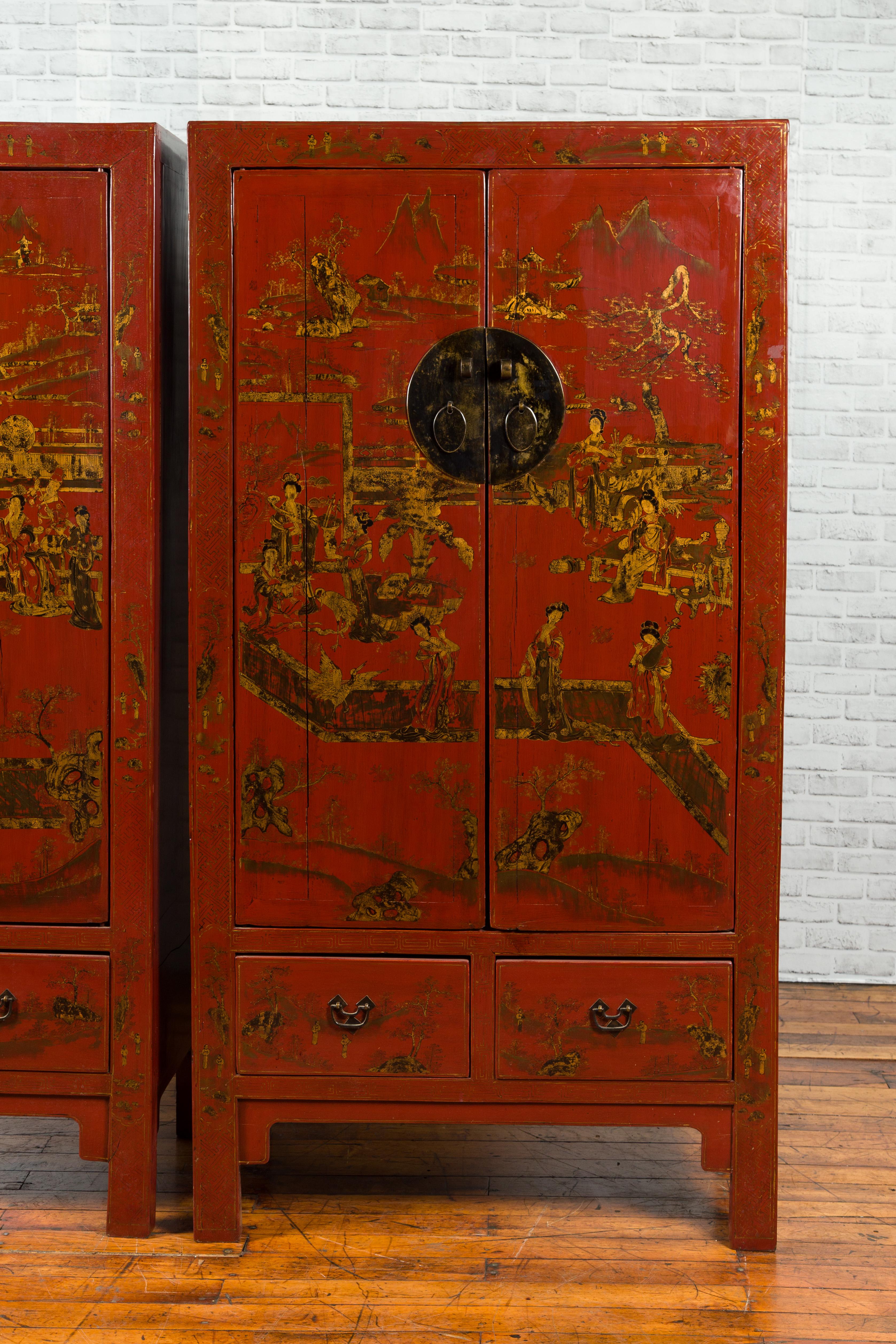 Pair of Chinese 19th Century Qing Red Lacquered Cabinets with Chinoiserie Decor 1