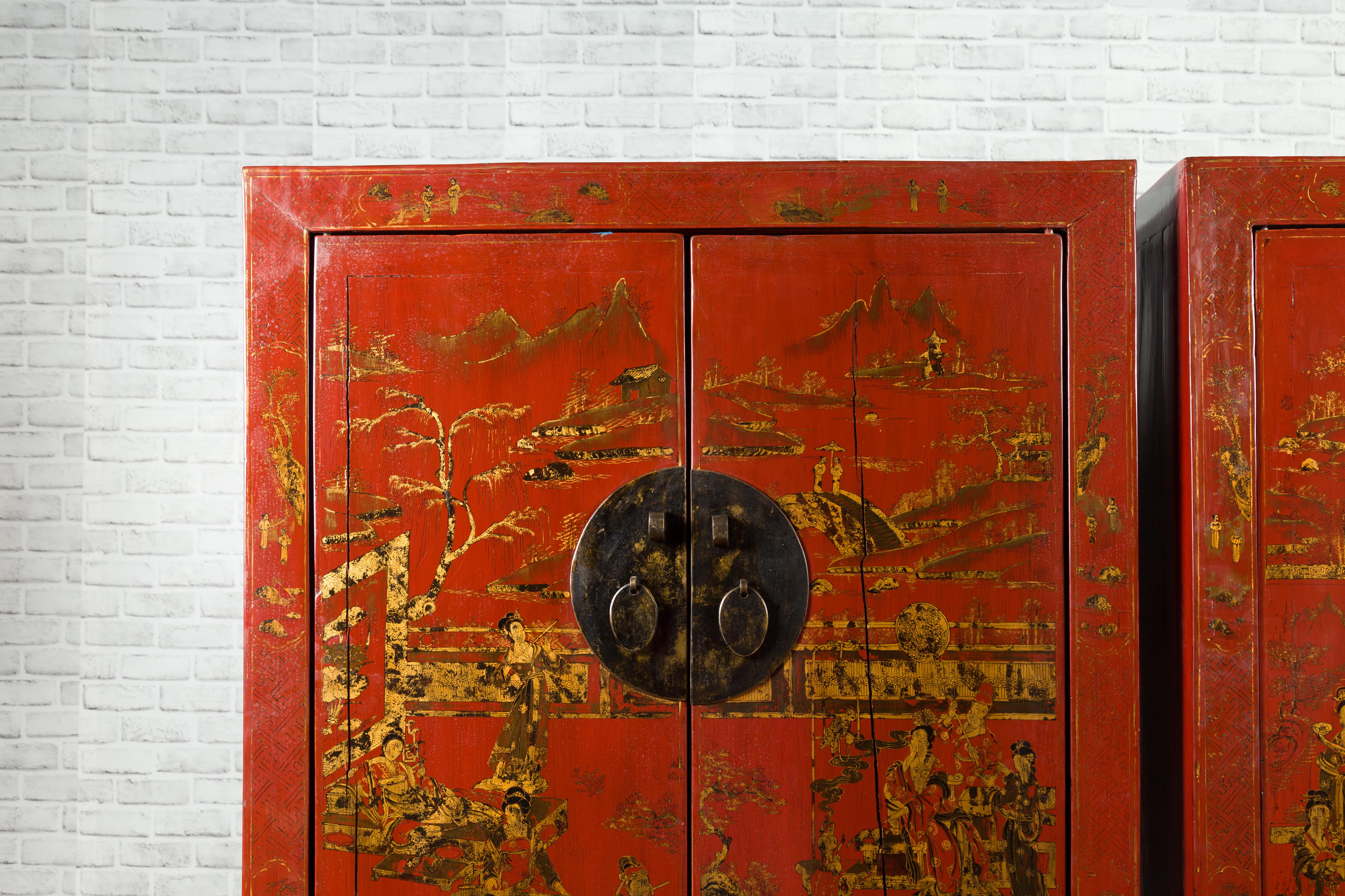 Pair of Chinese 19th Century Qing Red Lacquered Cabinets with Chinoiserie Decor 2