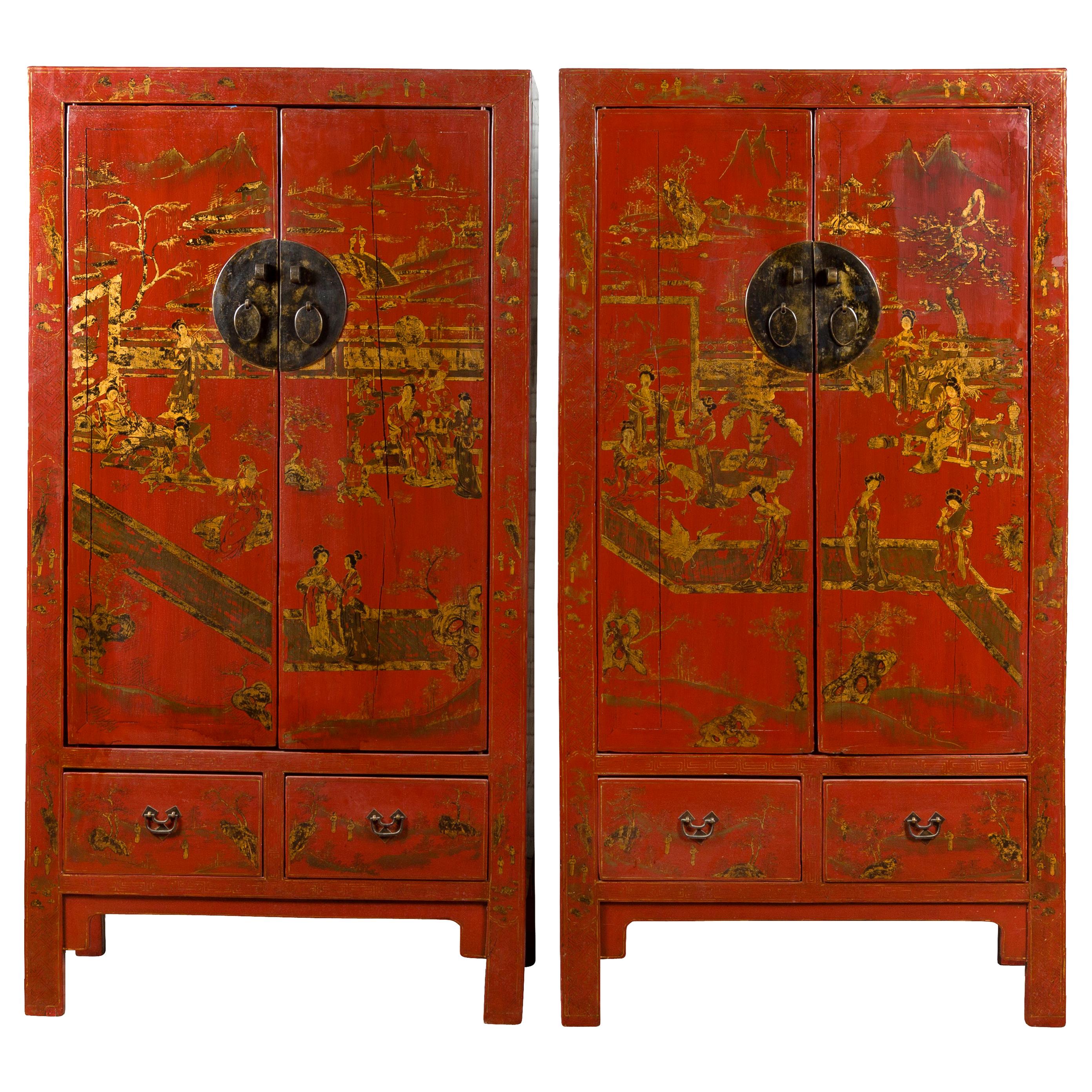 Pair of Chinese 19th Century Qing Red Lacquered Cabinets with Chinoiserie Decor