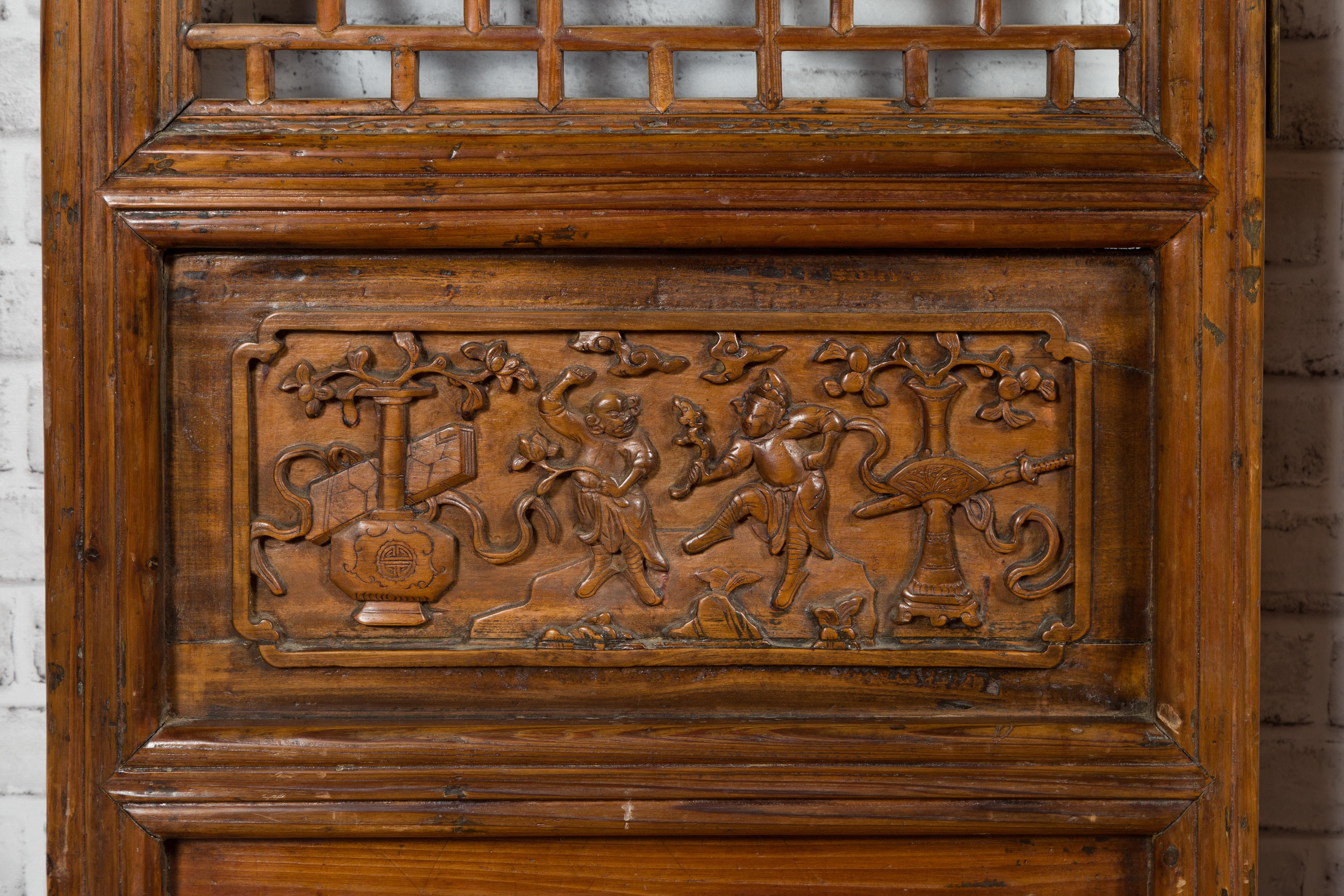 Pair of Chinese 19th Century Screens with Fretwork and Low-Relief Carved Panels 5
