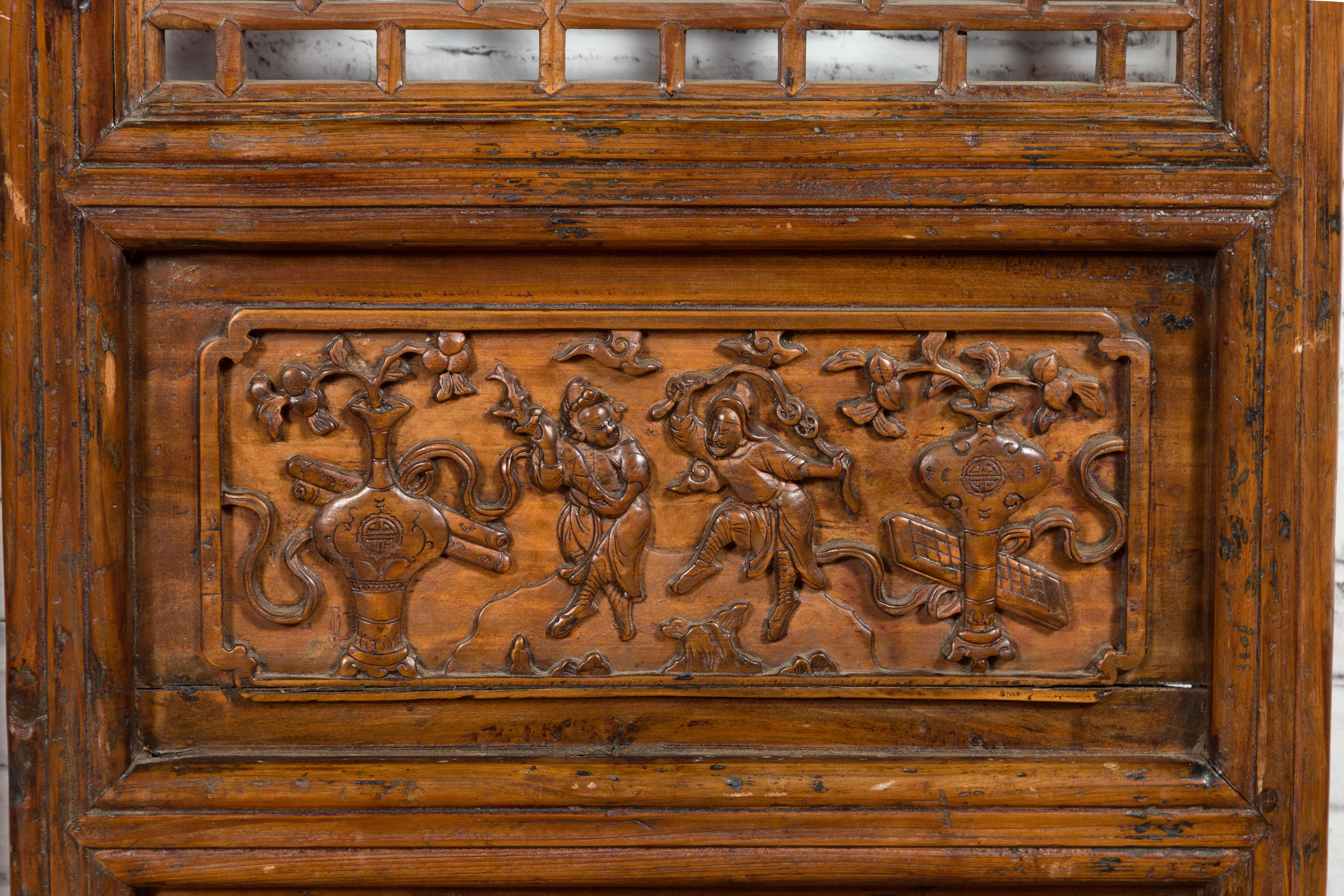 Pair of Chinese 19th Century Screens with Fretwork and Low-Relief Carved Panels 4