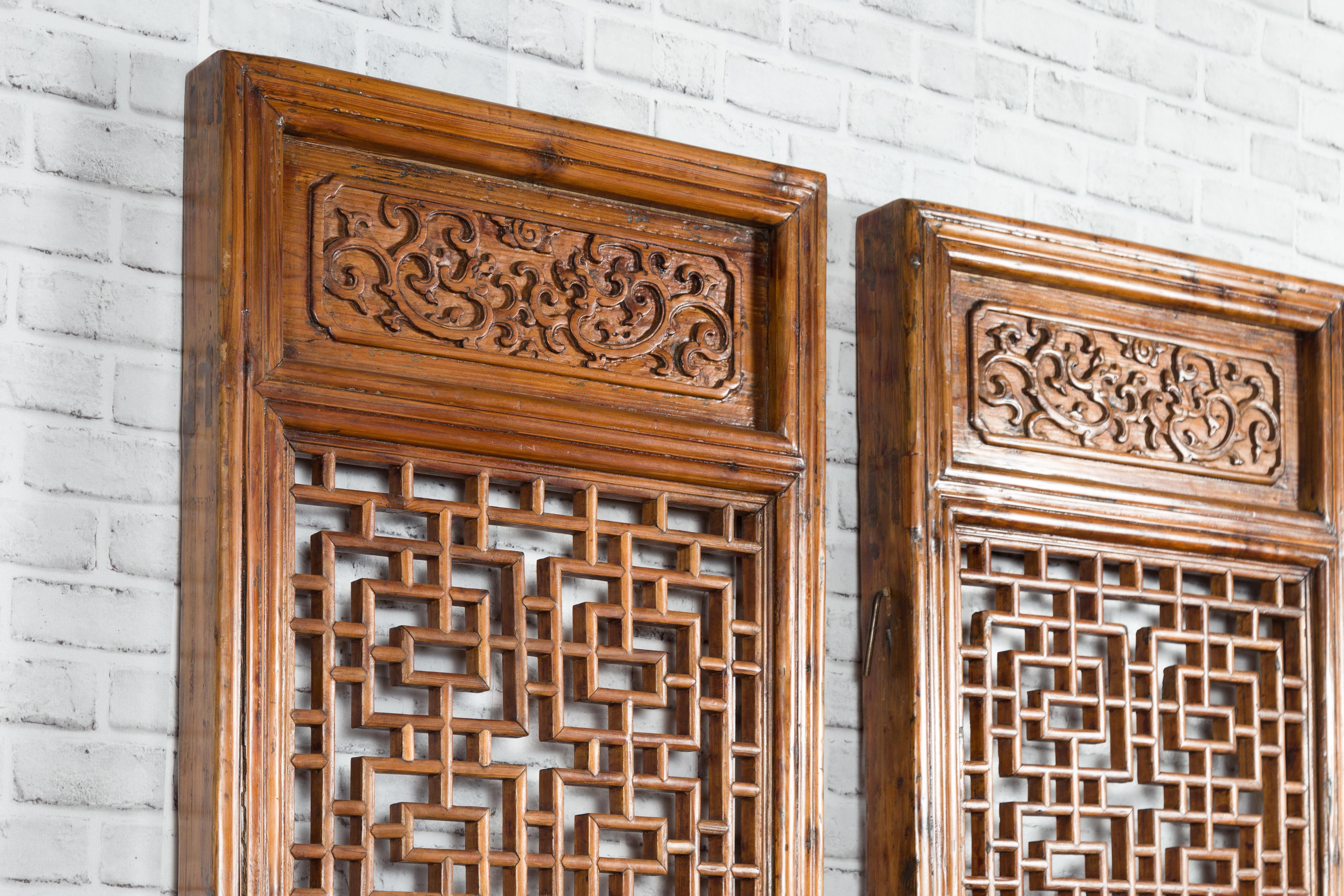 Pair of Chinese 19th Century Screens with Fretwork and Low-Relief Carved Panels 8