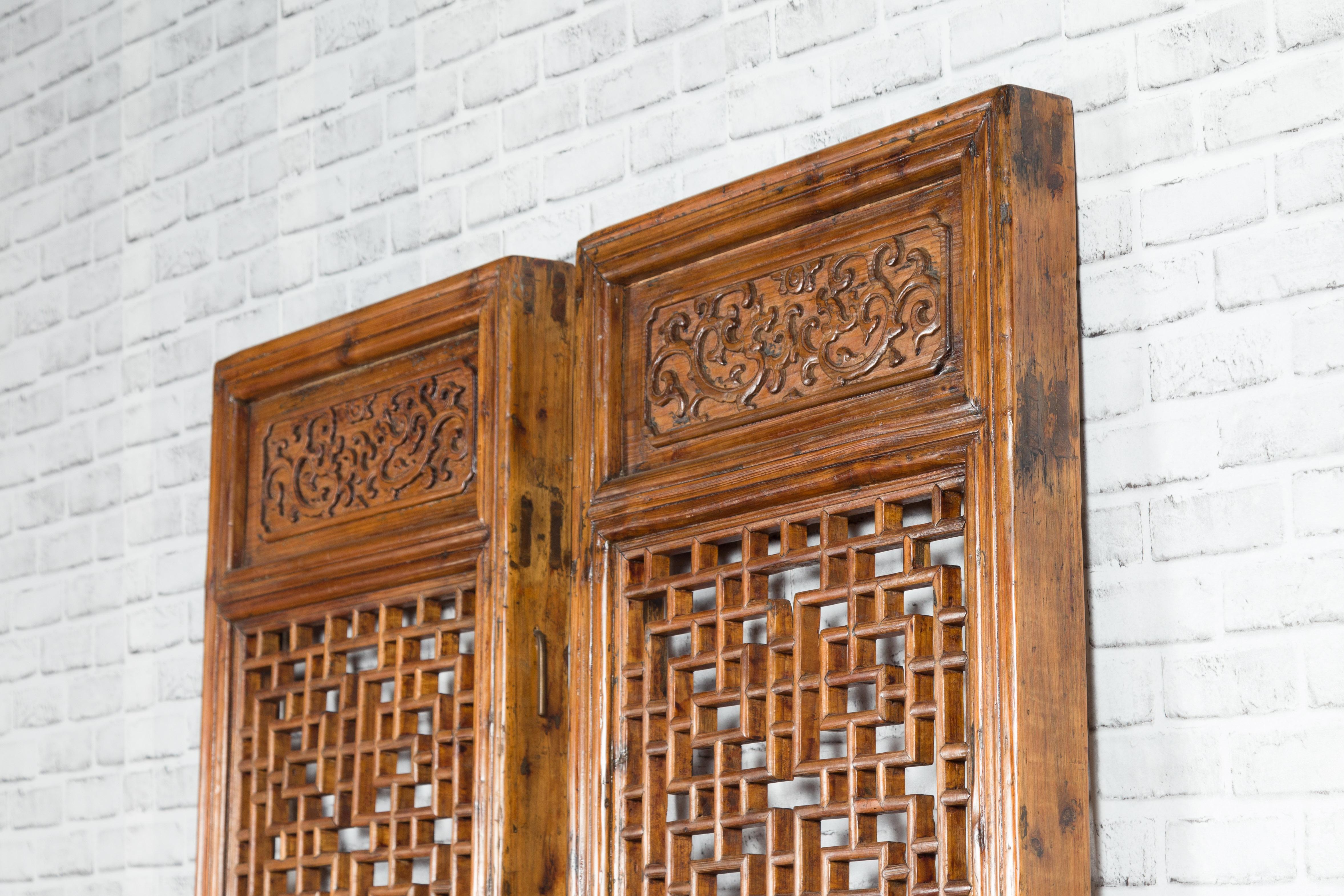 Pair of Chinese 19th Century Screens with Fretwork and Low-Relief Carved Panels 9