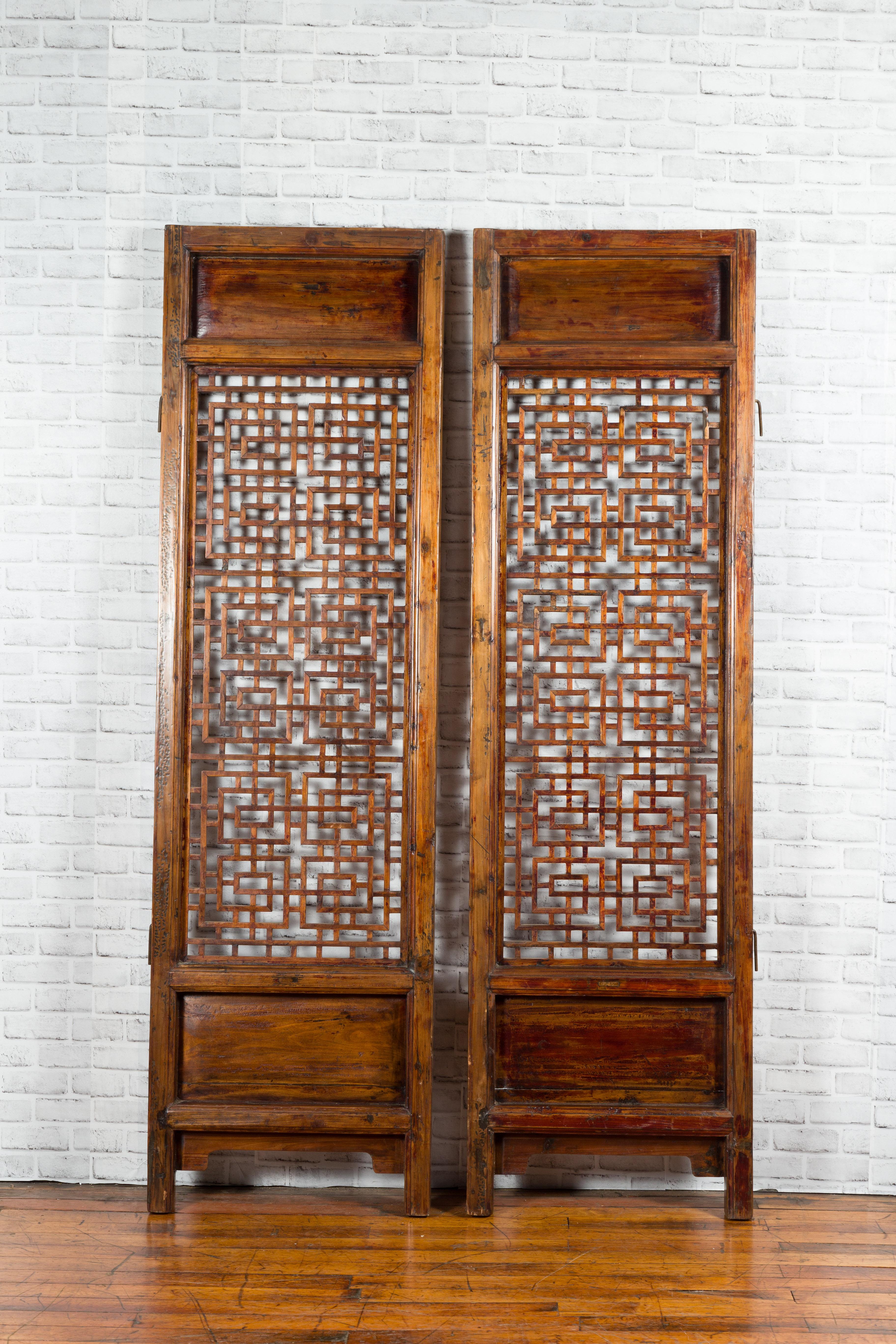 Pair of Chinese 19th Century Screens with Fretwork and Low-Relief Carved Panels 10