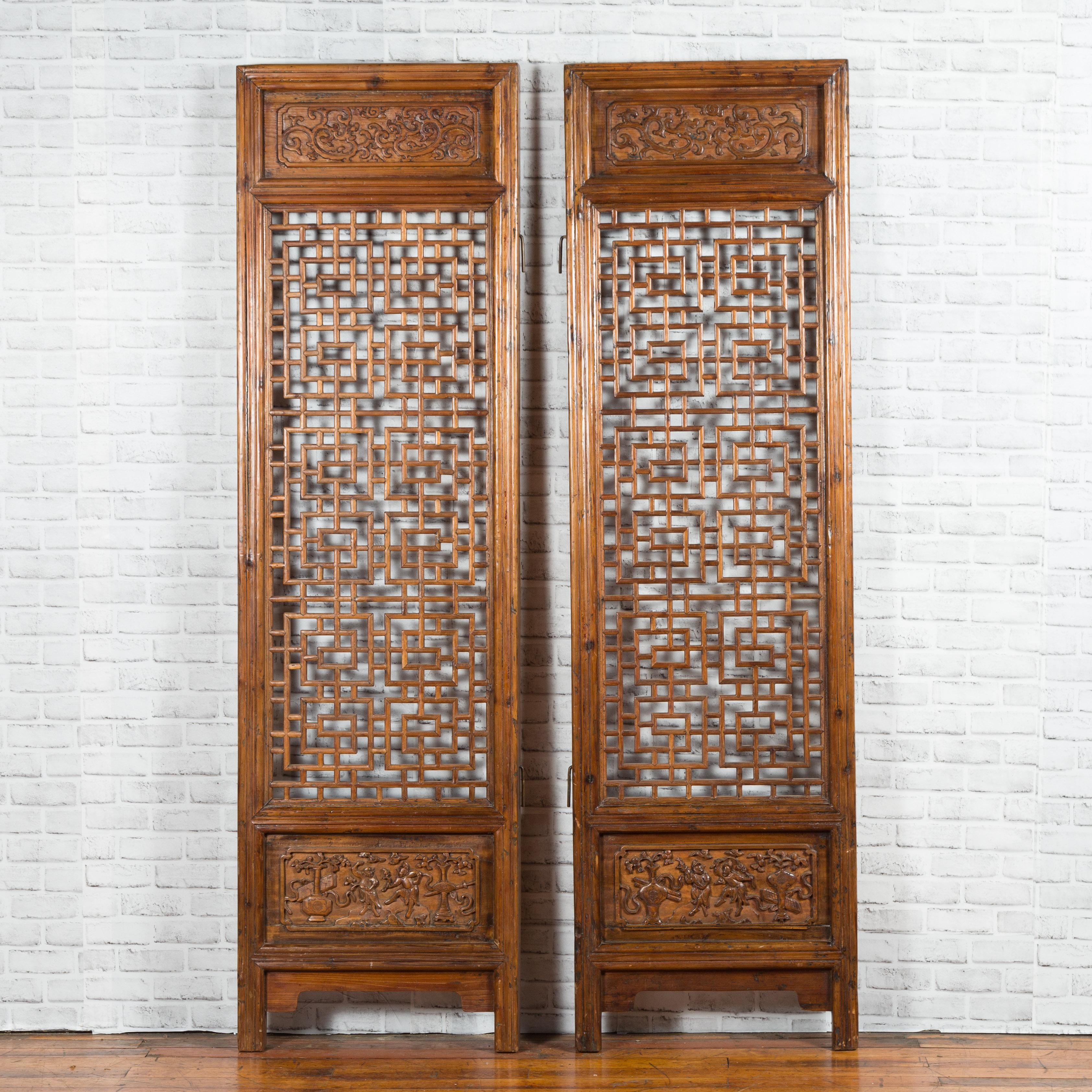 Pair of Chinese 19th Century Screens with Fretwork and Low-Relief Carved Panels In Good Condition In Yonkers, NY