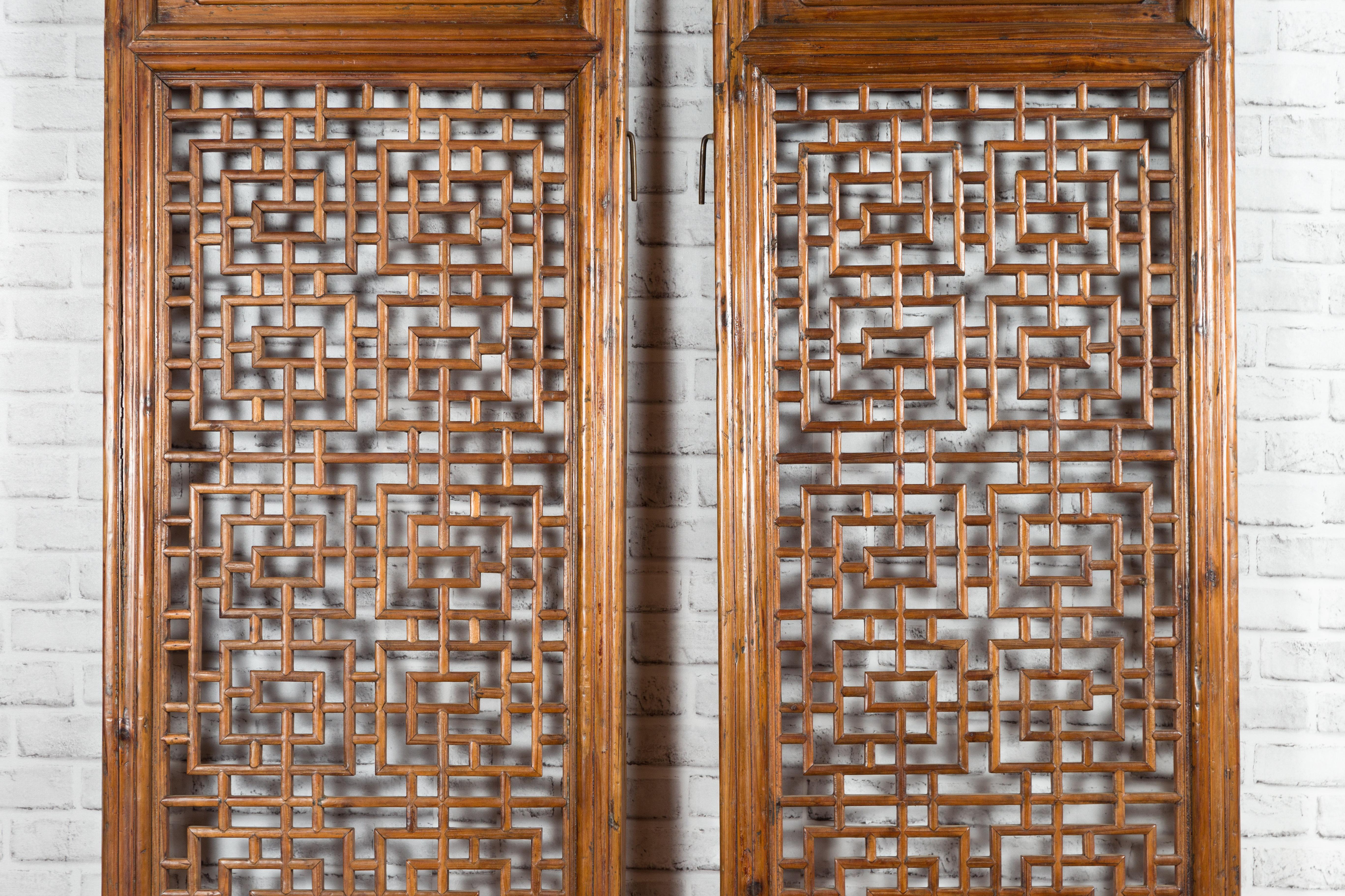 Wood Pair of Chinese 19th Century Screens with Fretwork and Low-Relief Carved Panels