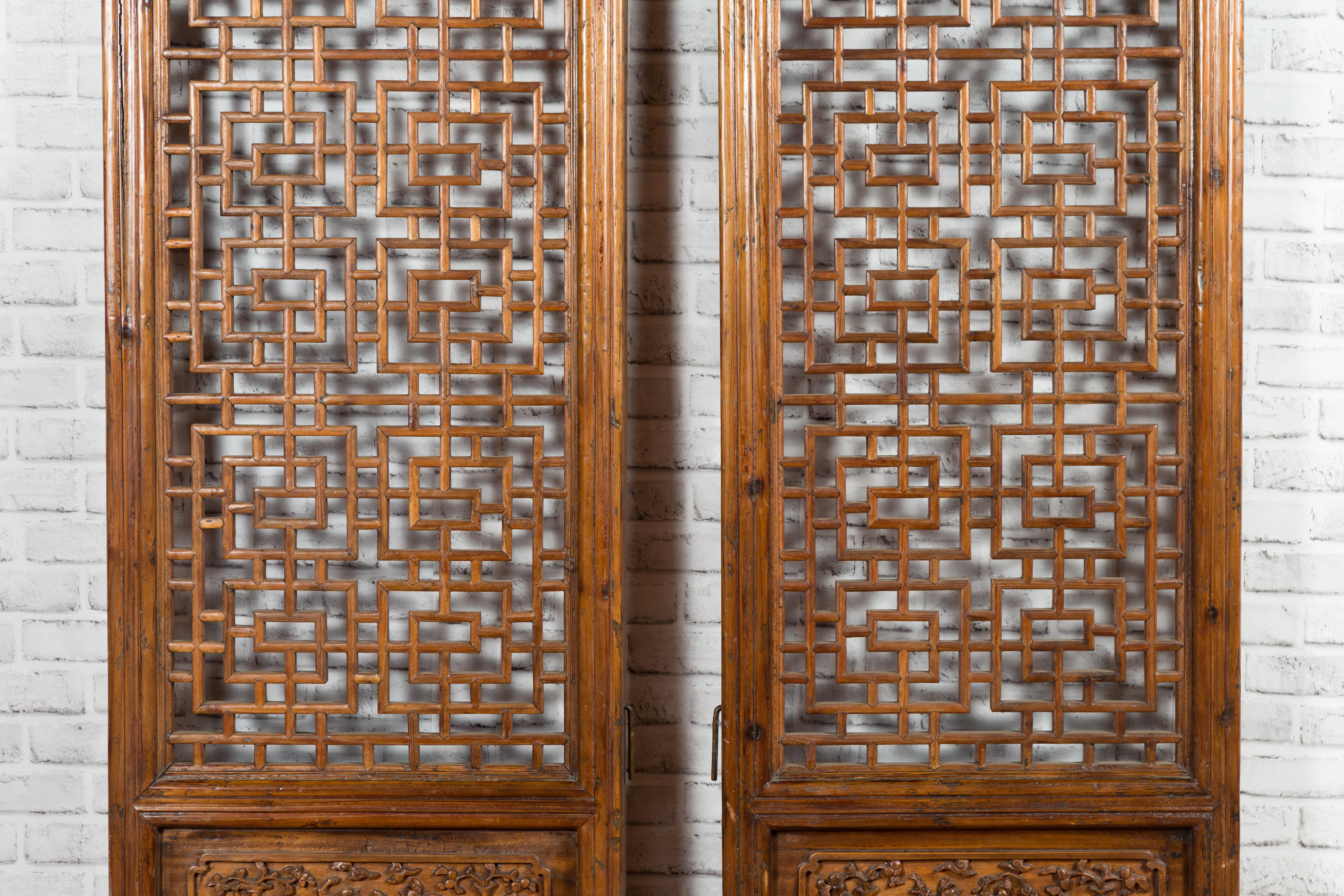 Pair of Chinese 19th Century Screens with Fretwork and Low-Relief Carved Panels 1