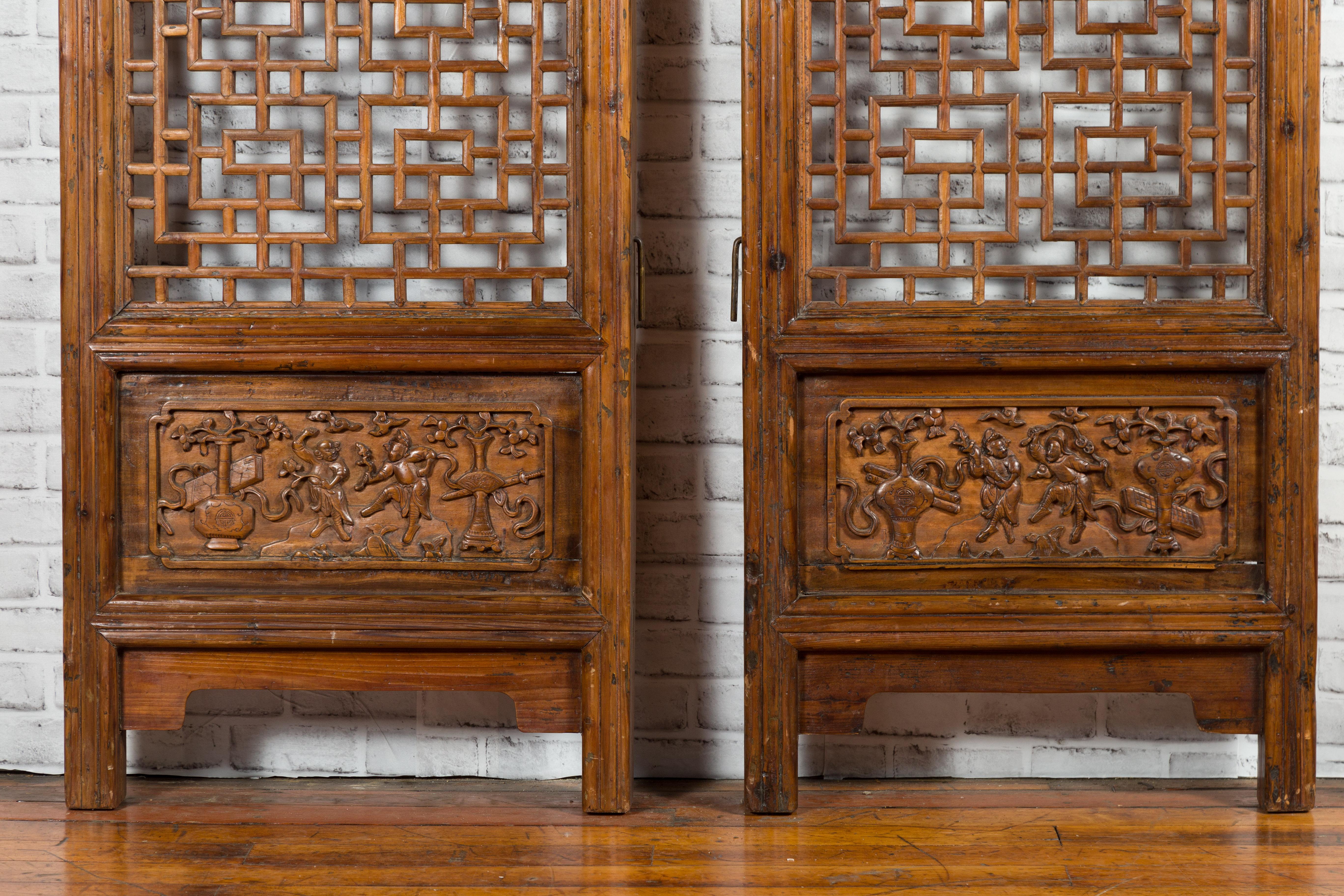 Pair of Chinese 19th Century Screens with Fretwork and Low-Relief Carved Panels 4