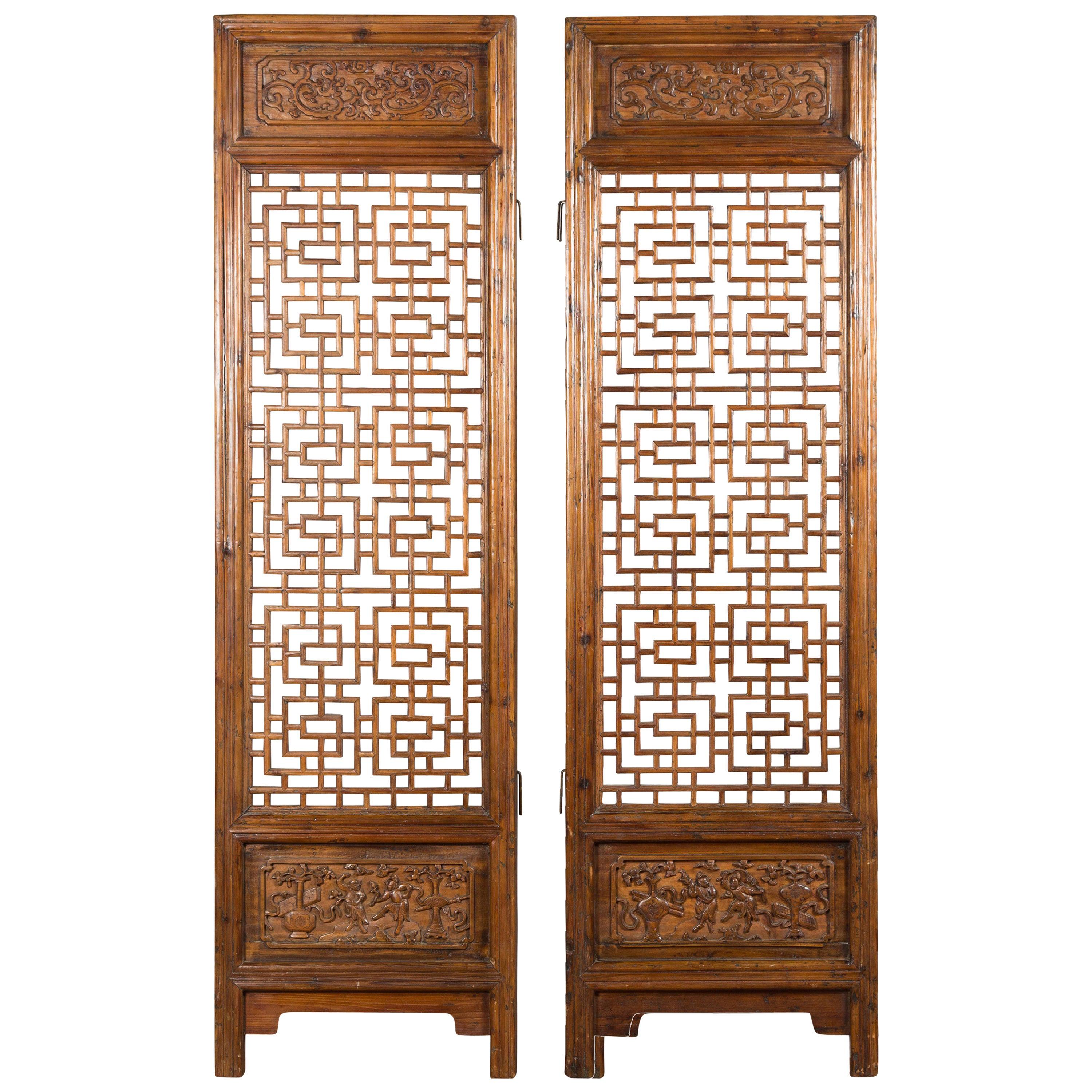 Pair of Chinese 19th Century Screens with Fretwork and Low-Relief Carved Panels