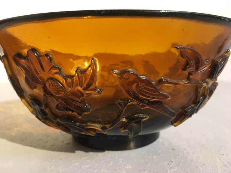 Pair of Chinese Amber Peking Glass Carved Bowls, Qing Dynasty, Late 19th Century For Sale 4