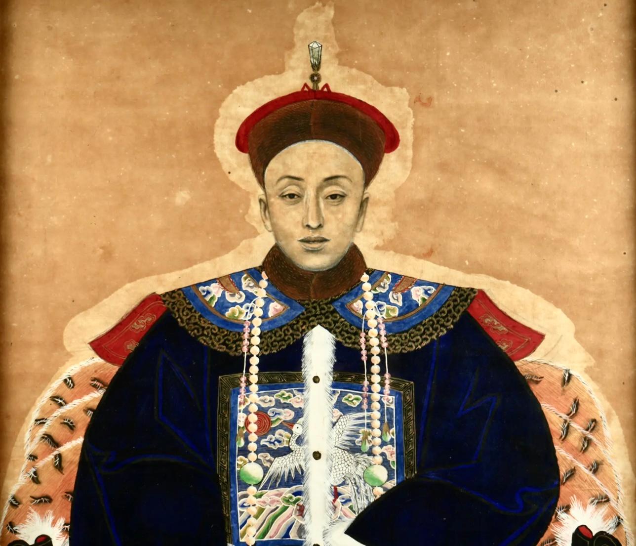 Chinese Export Pair Of Chinese Ancestral Portraits In Faux Bamboo Frames