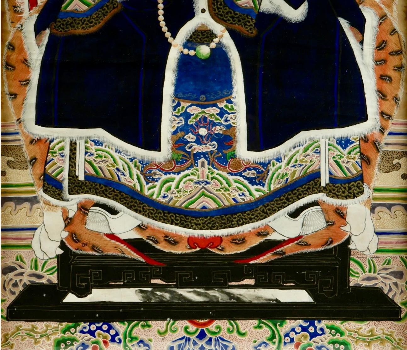 Pair Of Chinese Ancestral Portraits In Faux Bamboo Frames In Good Condition In Bradenton, FL