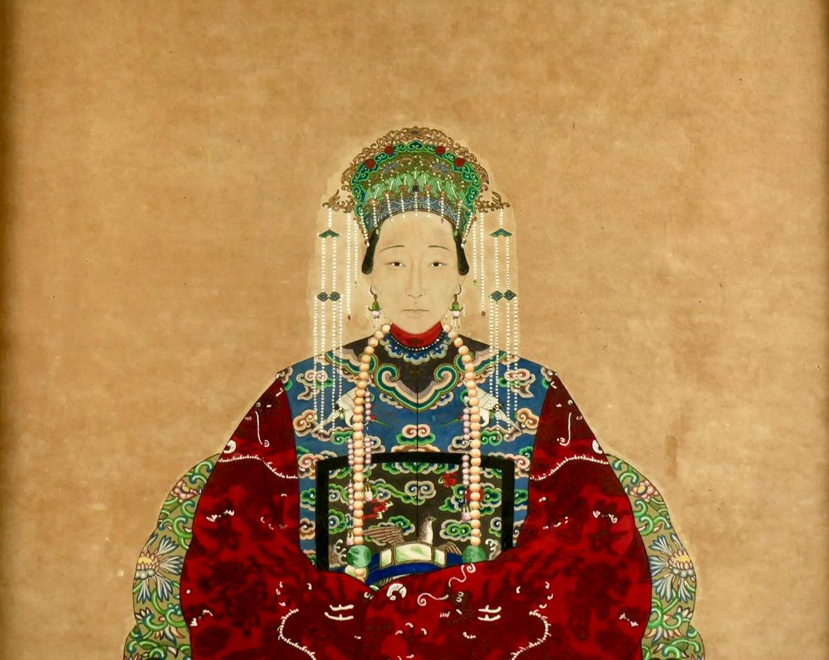 19th Century Pair Of Chinese Ancestral Portraits In Faux Bamboo Frames