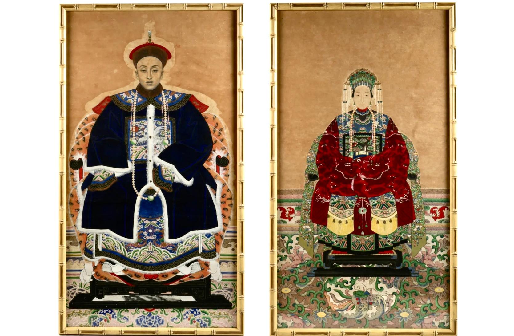 Pair Of Chinese Ancestral Portraits In Faux Bamboo Frames 3