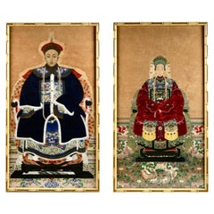 Pair Of Chinese Ancestral Portraits In Faux Bamboo Frames