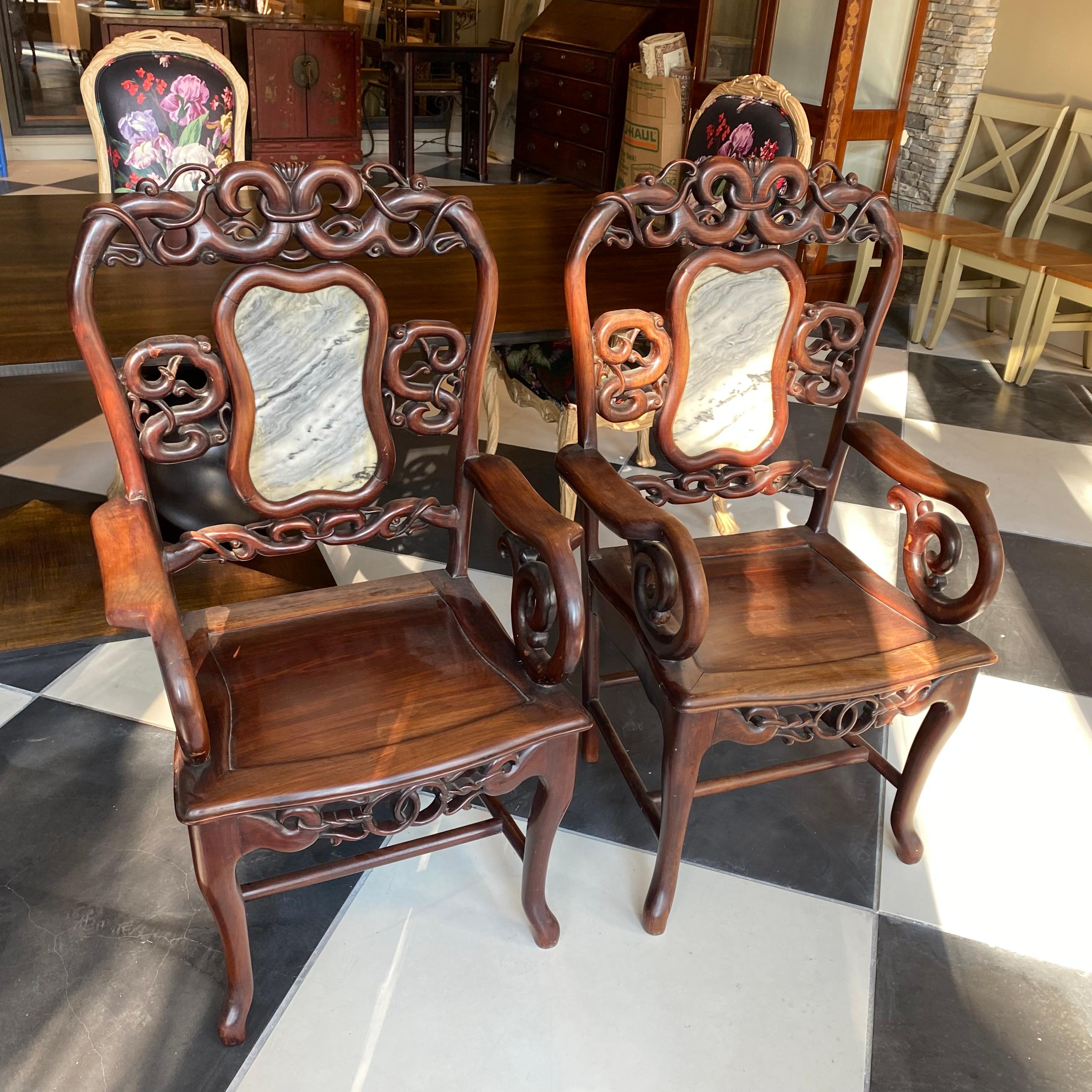 Chinese Export Pair of Chinese Antique Armchairs with Marble Inset For Sale