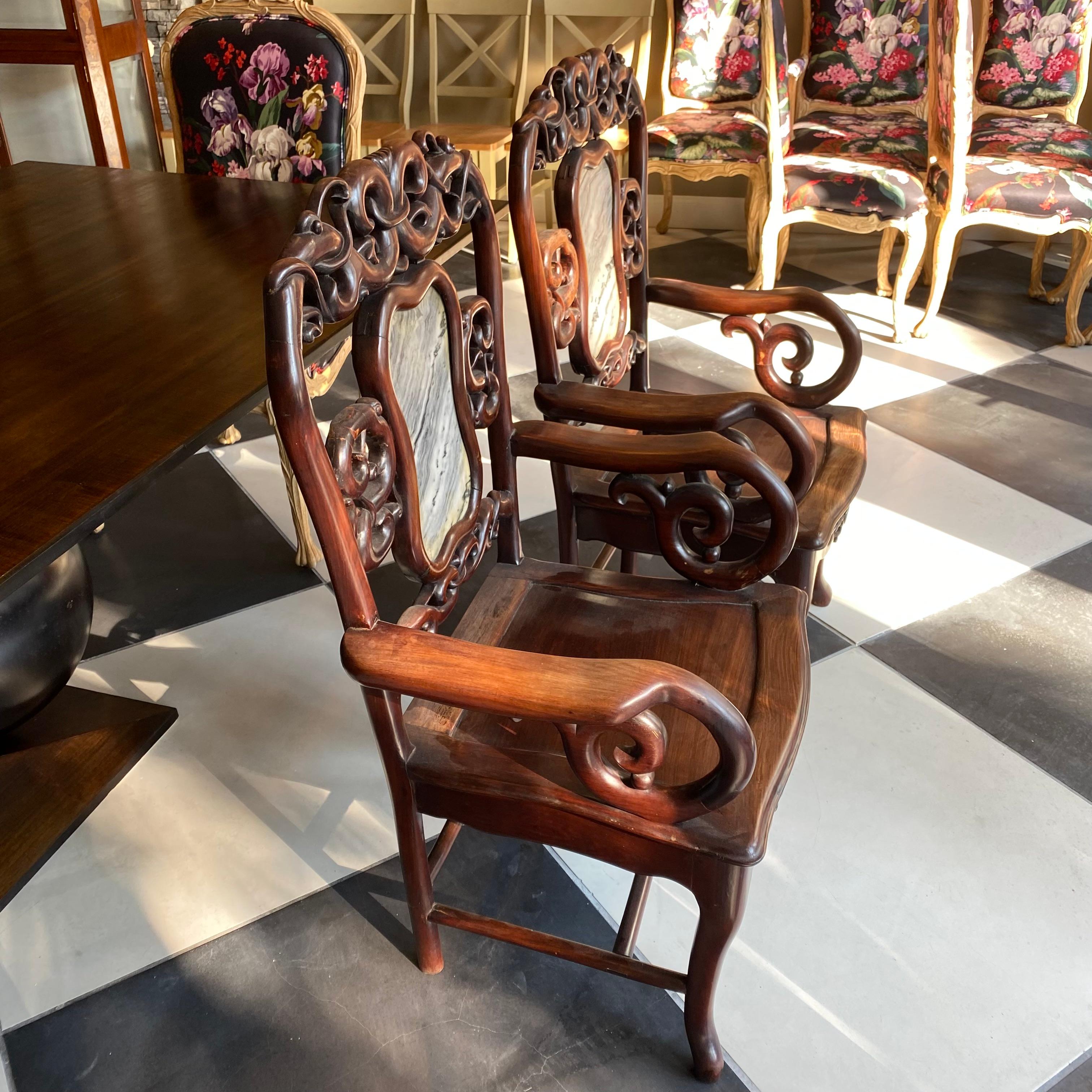 Hand-Carved Pair of Chinese Antique Armchairs with Marble Inset For Sale