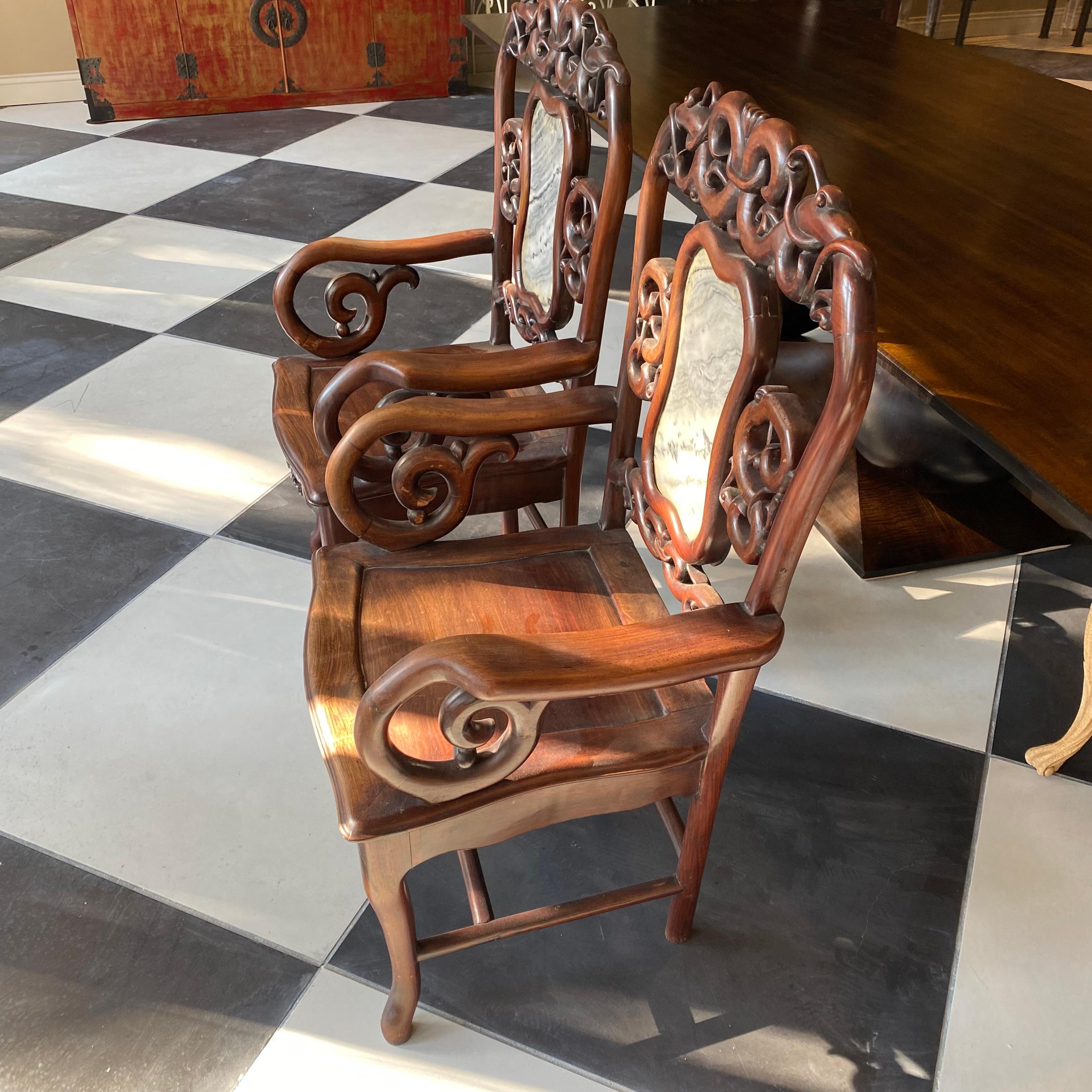 Pair of Chinese Antique Armchairs with Marble Inset In Good Condition For Sale In Sarasota, FL