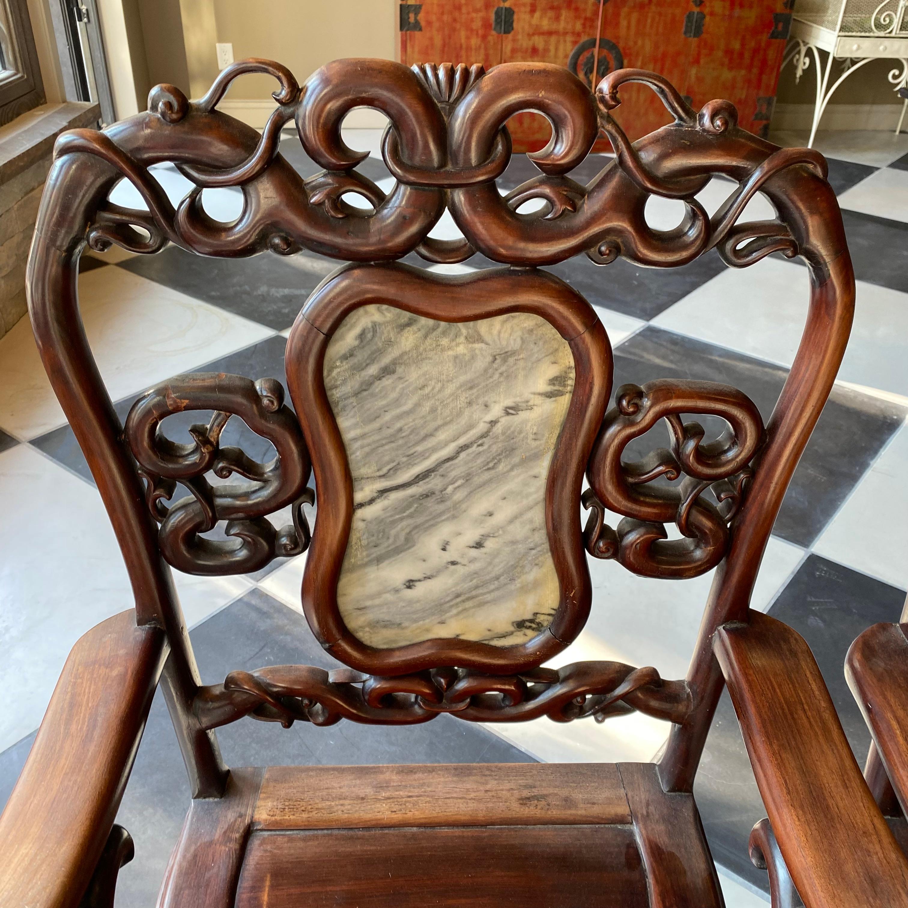 Late 19th Century Pair of Chinese Antique Armchairs with Marble Inset For Sale