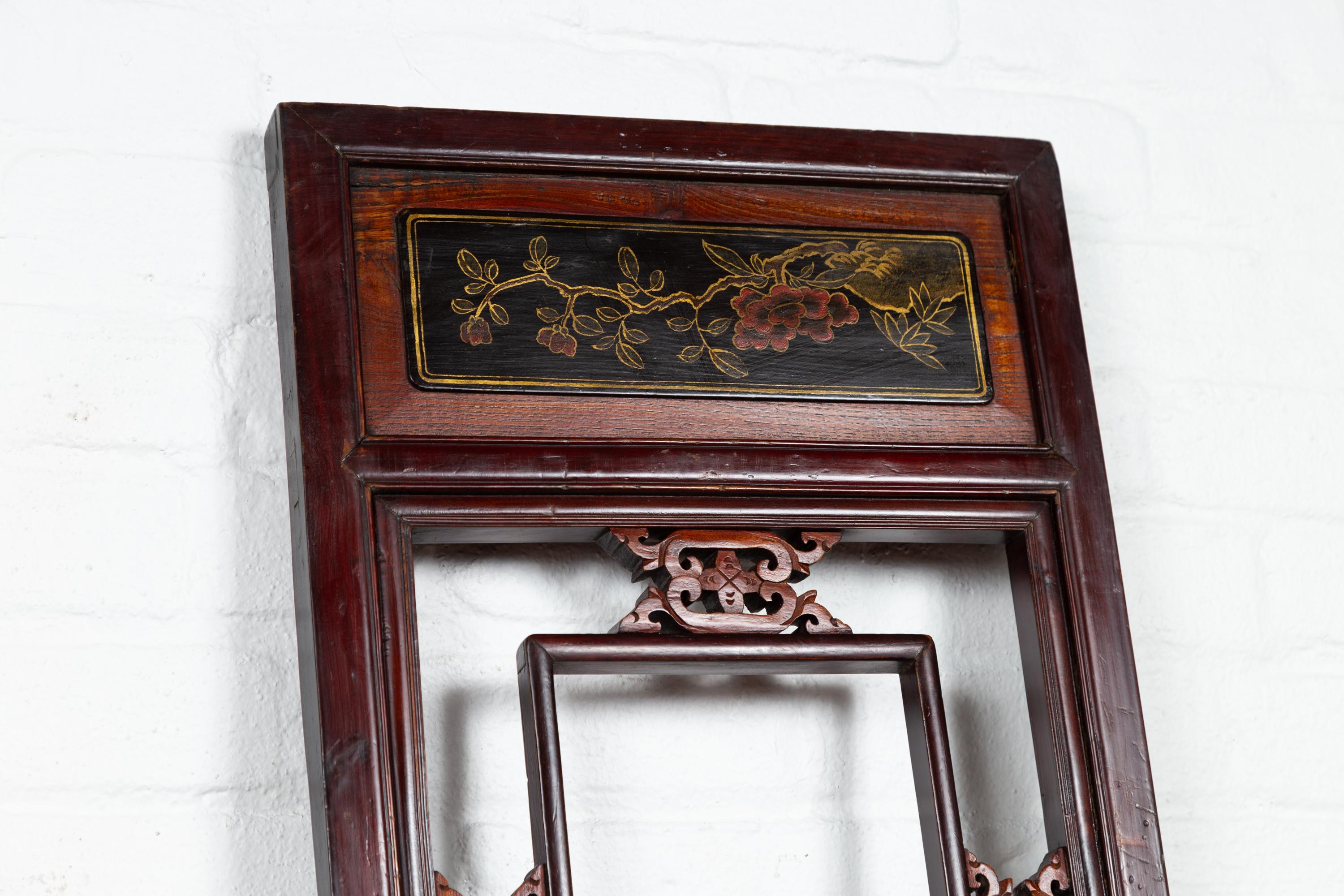 Pair of Chinese Antique Carved Wooden Panels with Red, Brown and Golden Accents 8