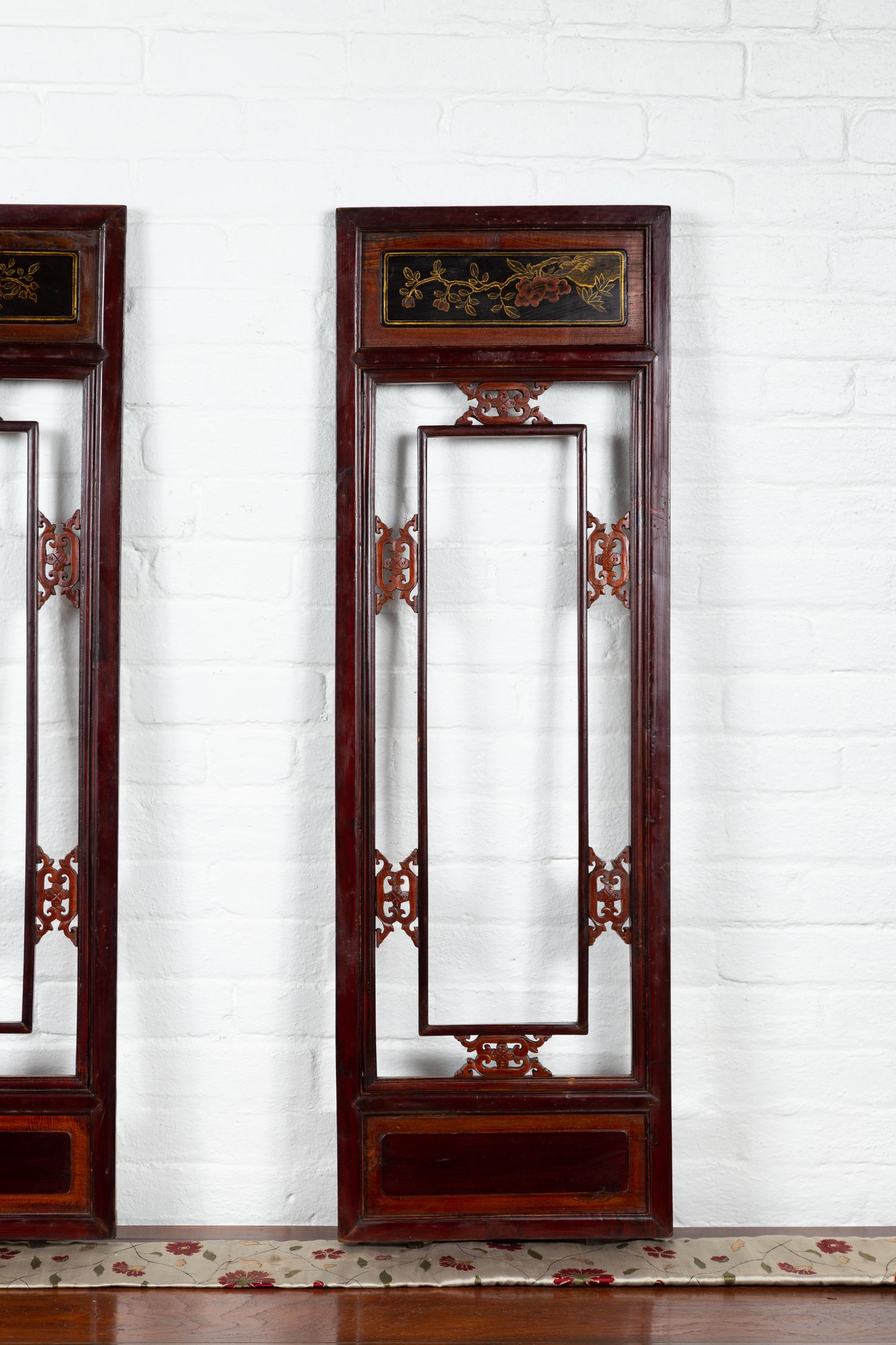 20th Century Pair of Chinese Antique Carved Wooden Panels with Red, Brown and Golden Accents