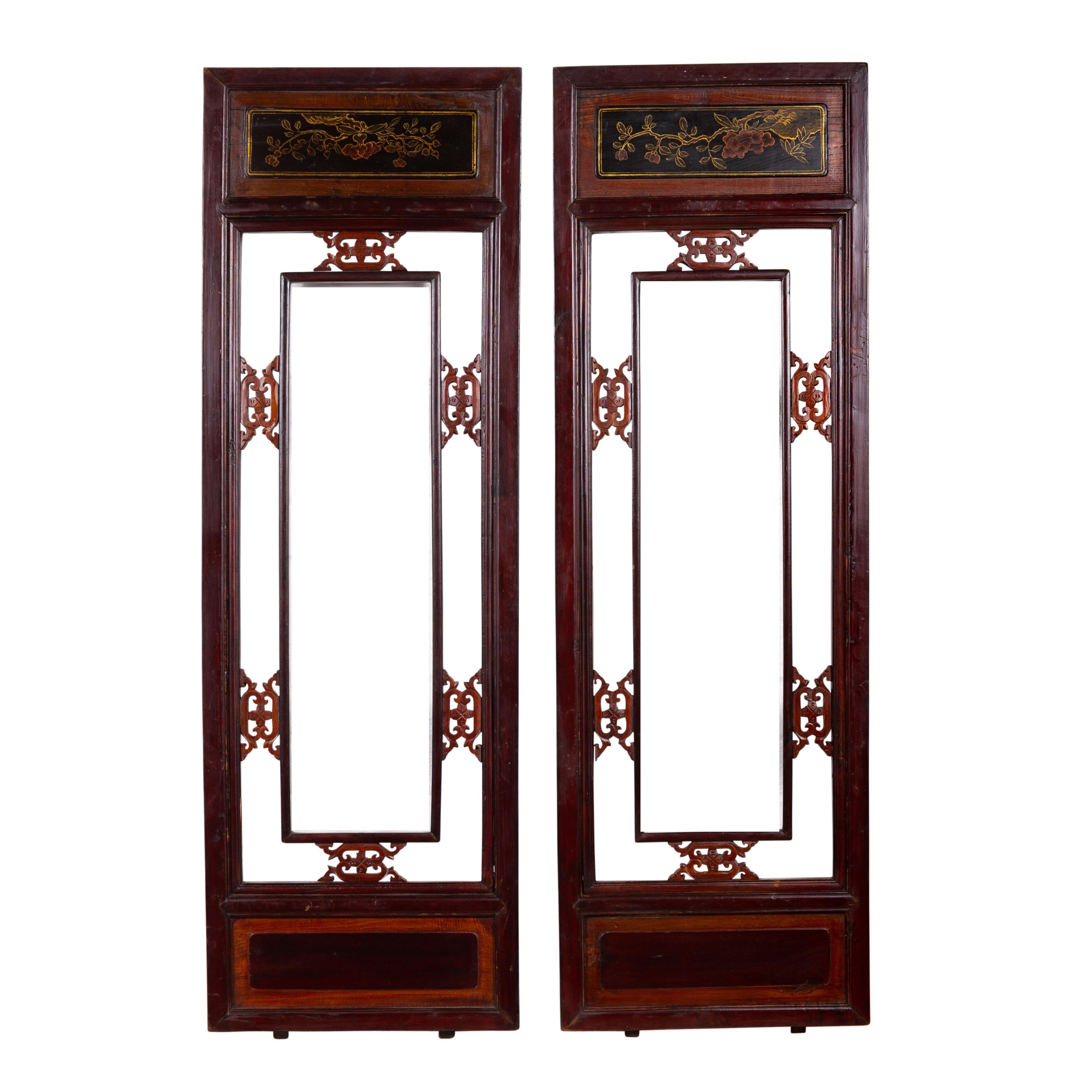 Pair of Chinese Antique Carved Wooden Panels with Red, Brown and Golden Accents