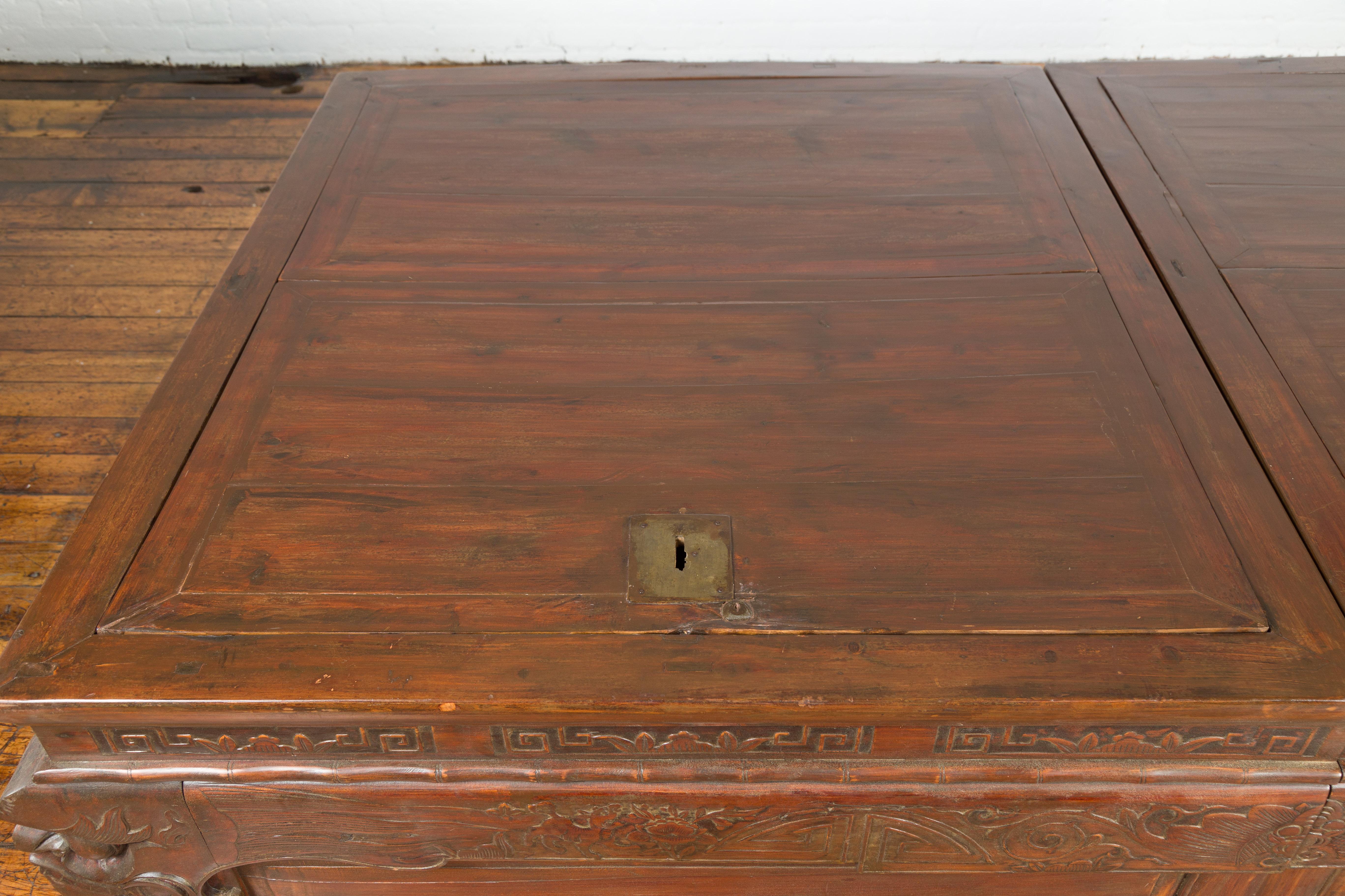 Pair of Chinese Antique Chests with Carved Legs Made into a Long Coffee Table For Sale 5