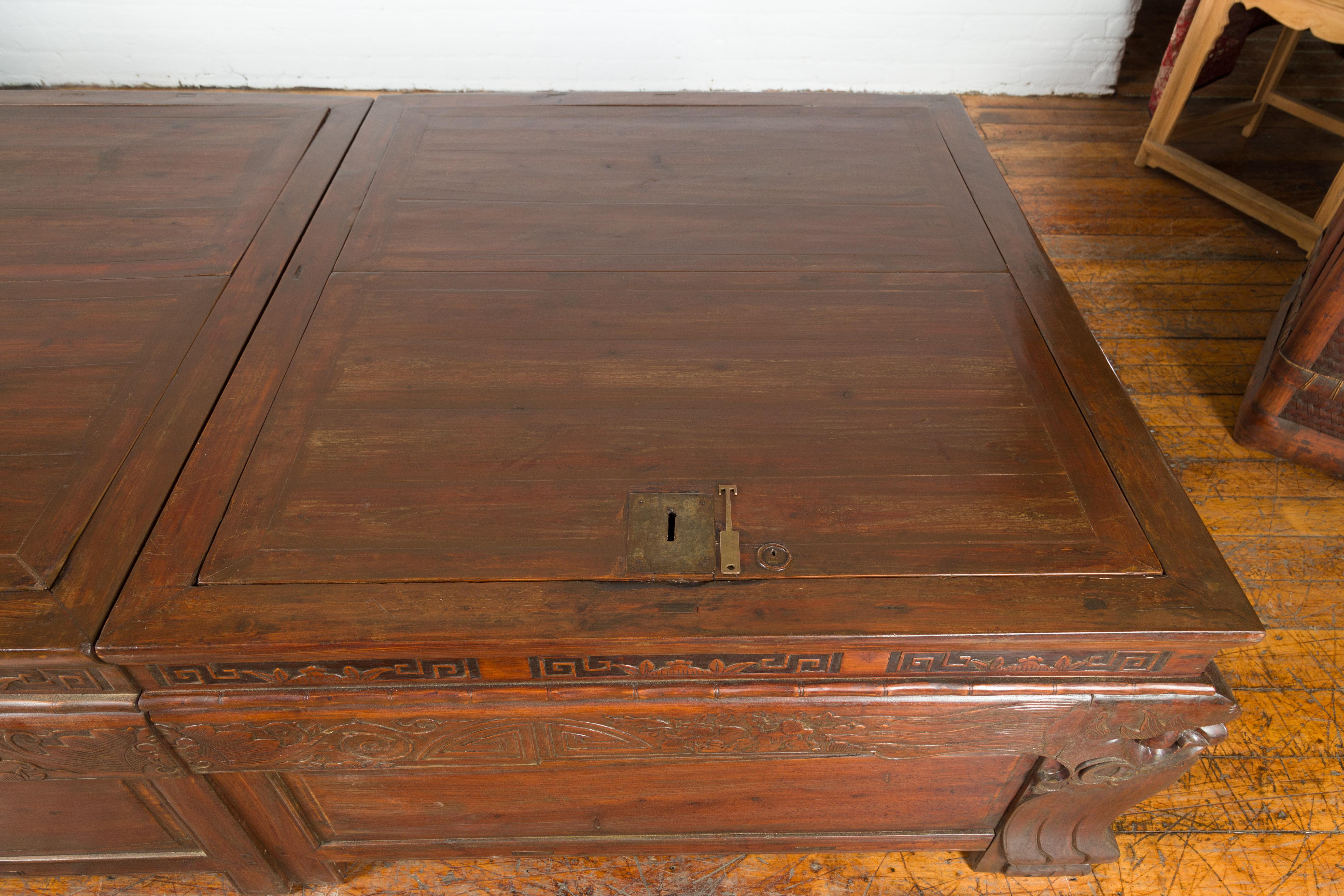 Pair of Chinese Antique Chests with Carved Legs Made into a Long Coffee Table For Sale 6