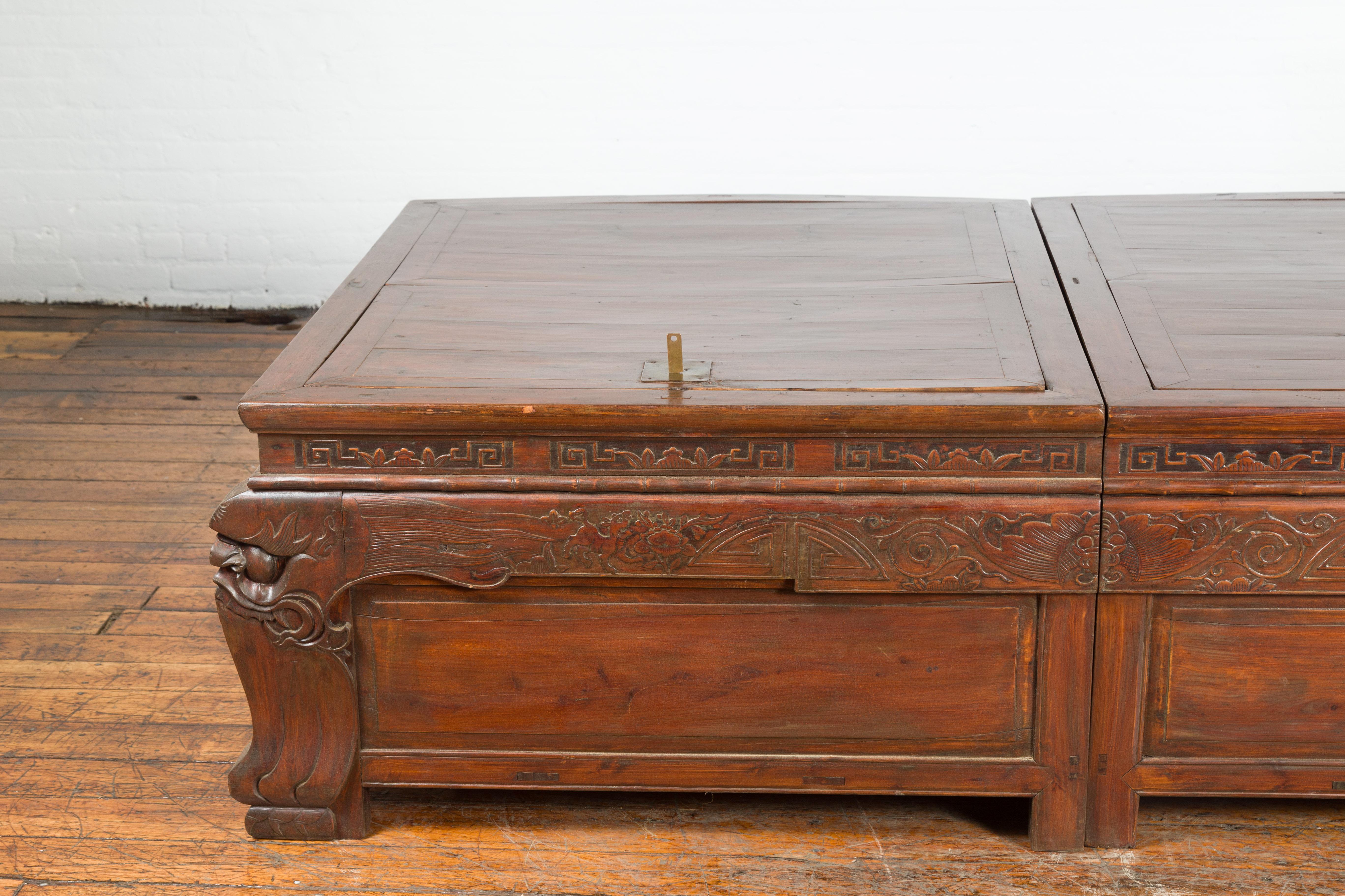 Pair of Chinese Antique Chests with Carved Legs Made into a Long Coffee Table For Sale 7