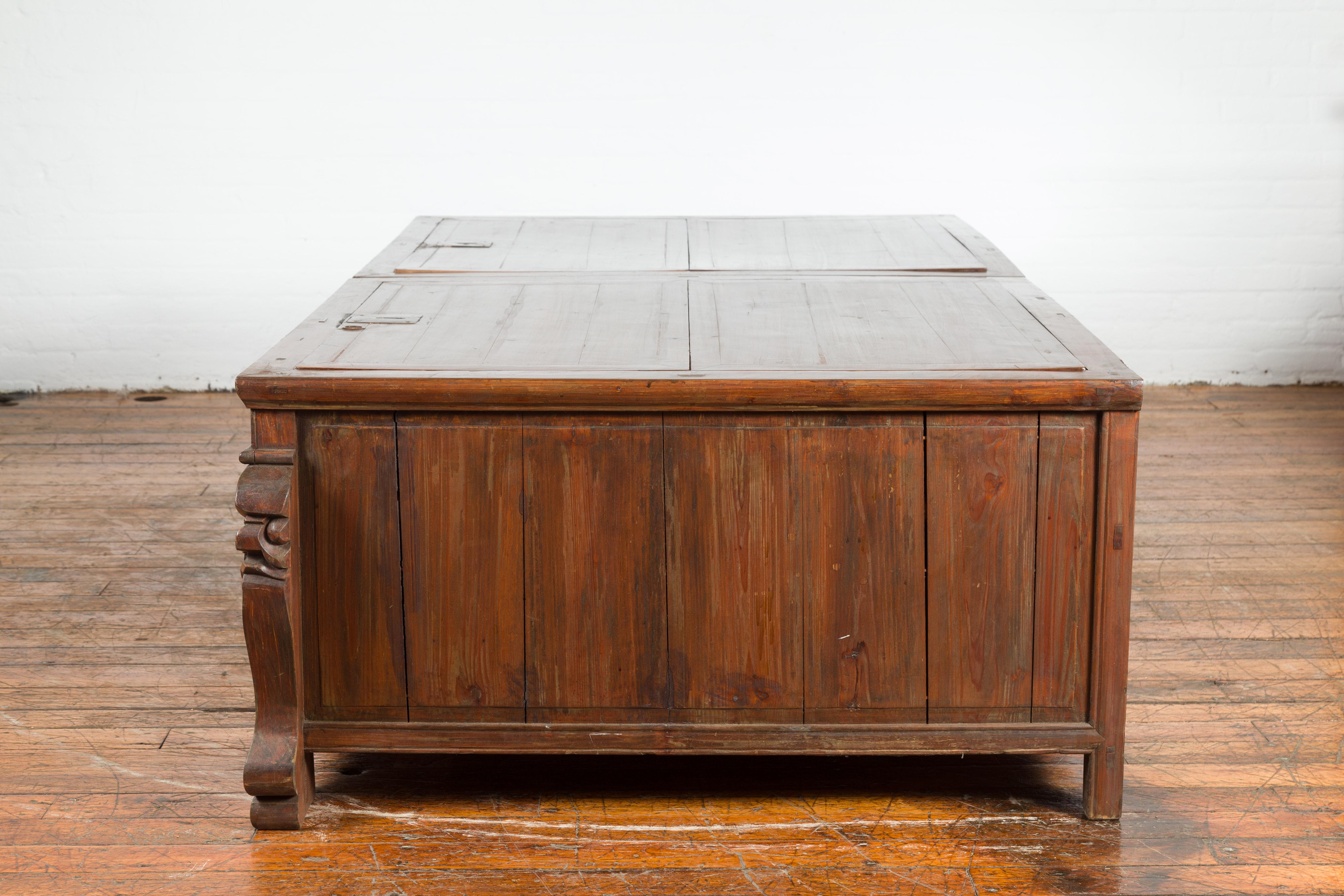 Pair of Chinese Antique Chests with Carved Legs Made into a Long Coffee Table For Sale 11