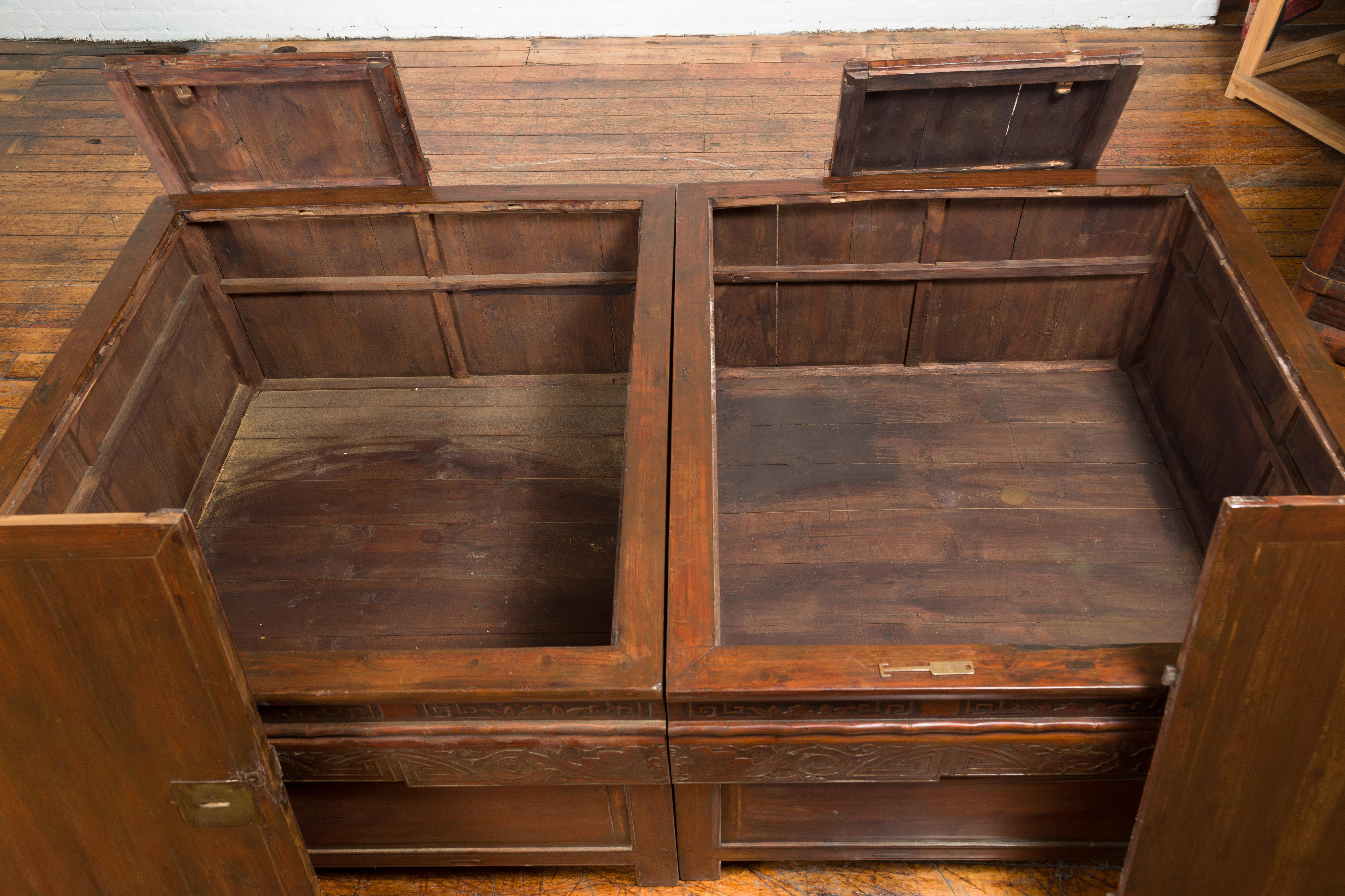 Pair of Chinese Antique Chests with Carved Legs Made into a Long Coffee Table For Sale 12