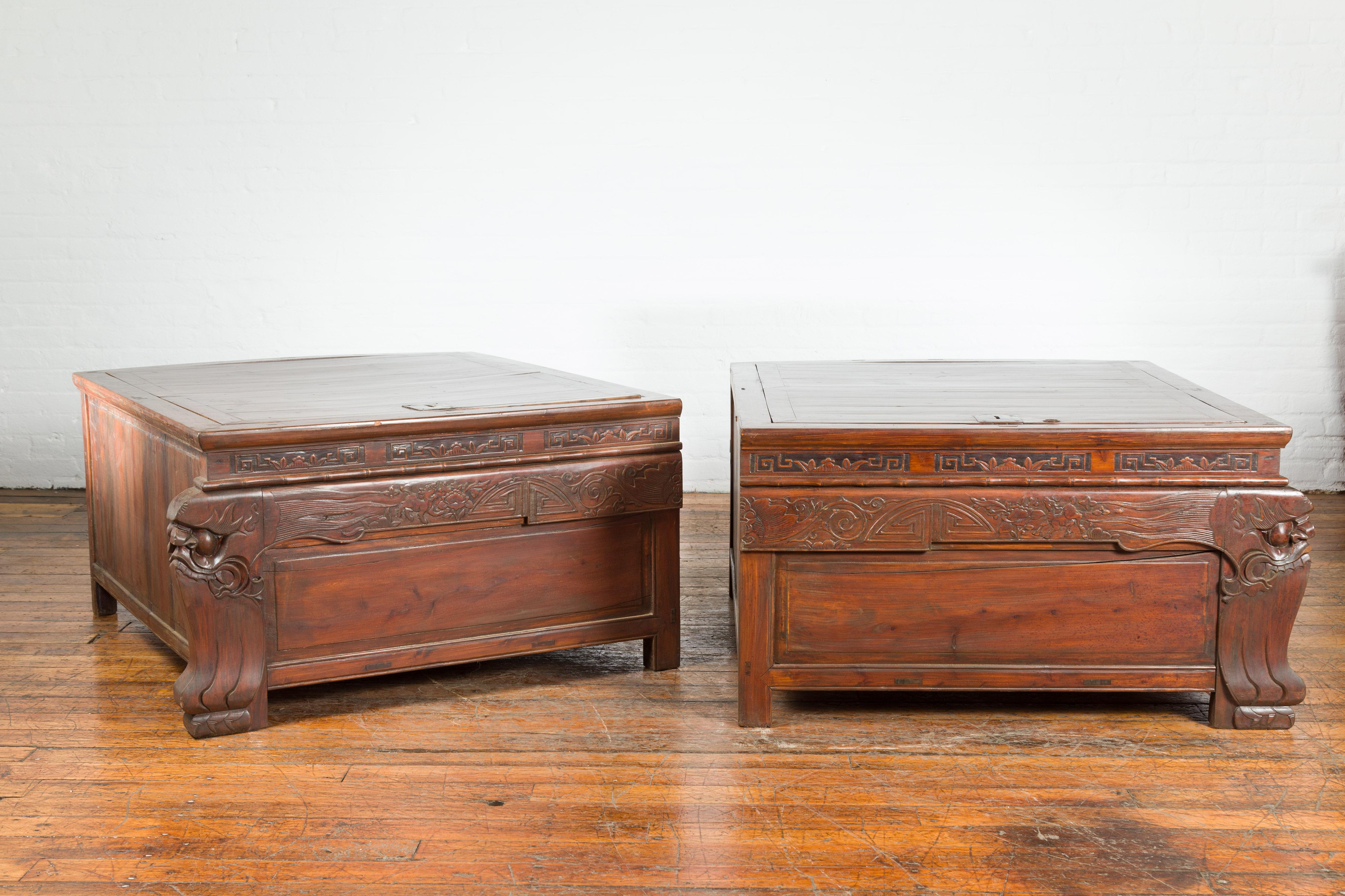 Pair of Chinese Antique Chests with Carved Legs Made into a Long Coffee Table In Good Condition For Sale In Yonkers, NY
