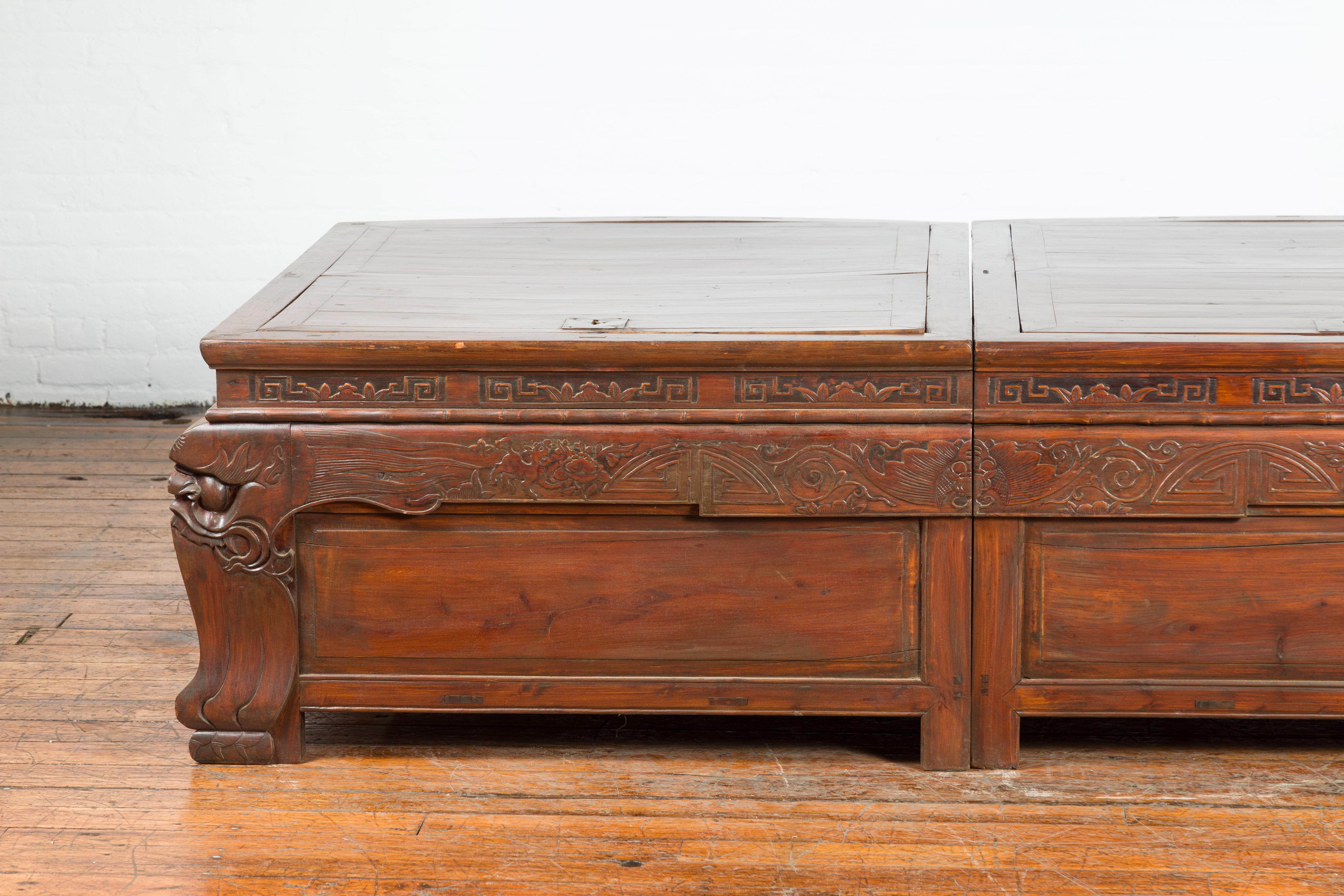 19th Century Pair of Chinese Antique Chests with Carved Legs Made into a Long Coffee Table For Sale