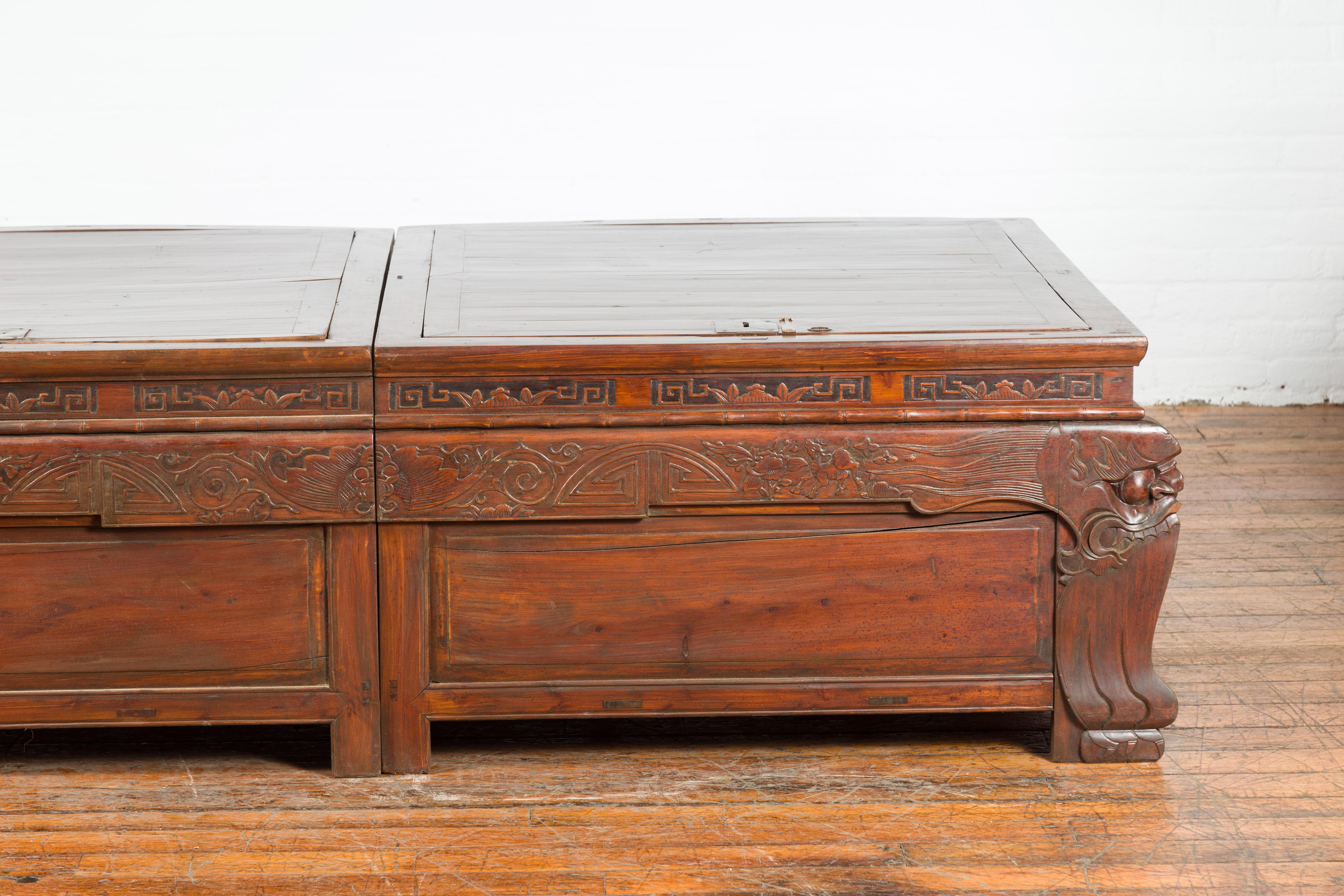 Wood Pair of Chinese Antique Chests with Carved Legs Made into a Long Coffee Table For Sale