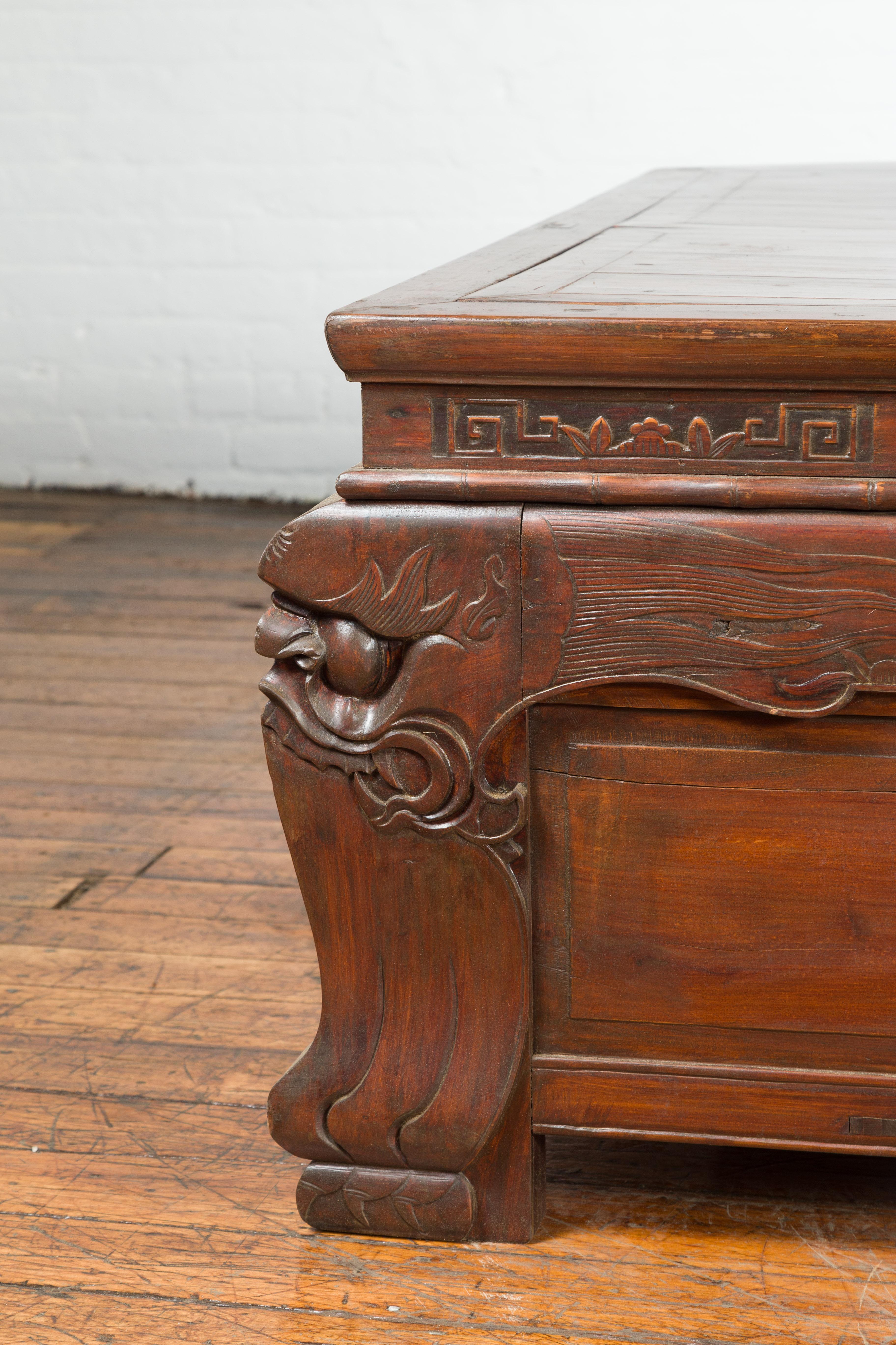 Pair of Chinese Antique Chests with Carved Legs Made into a Long Coffee Table For Sale 1