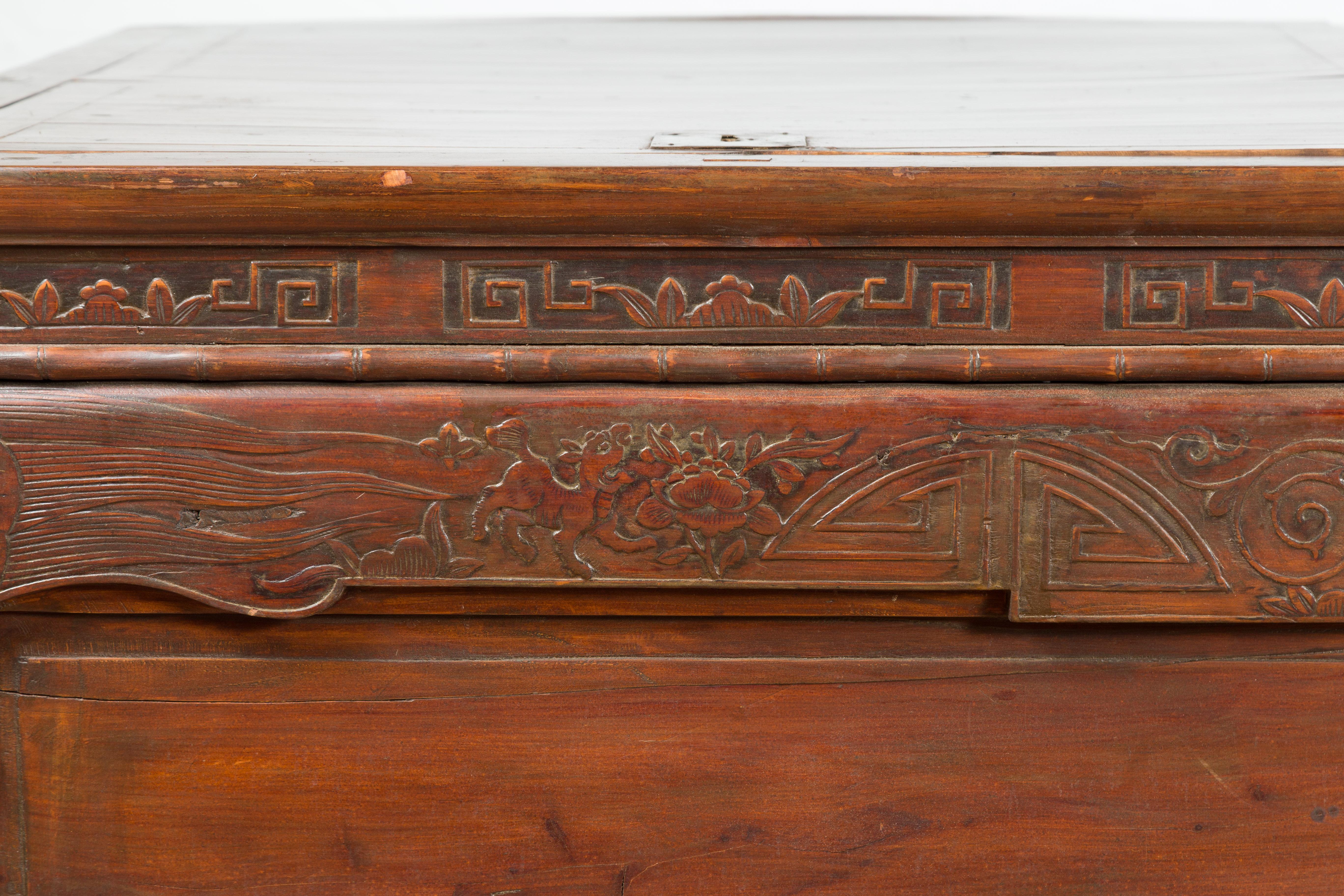 Pair of Chinese Antique Chests with Carved Legs Made into a Long Coffee Table For Sale 2