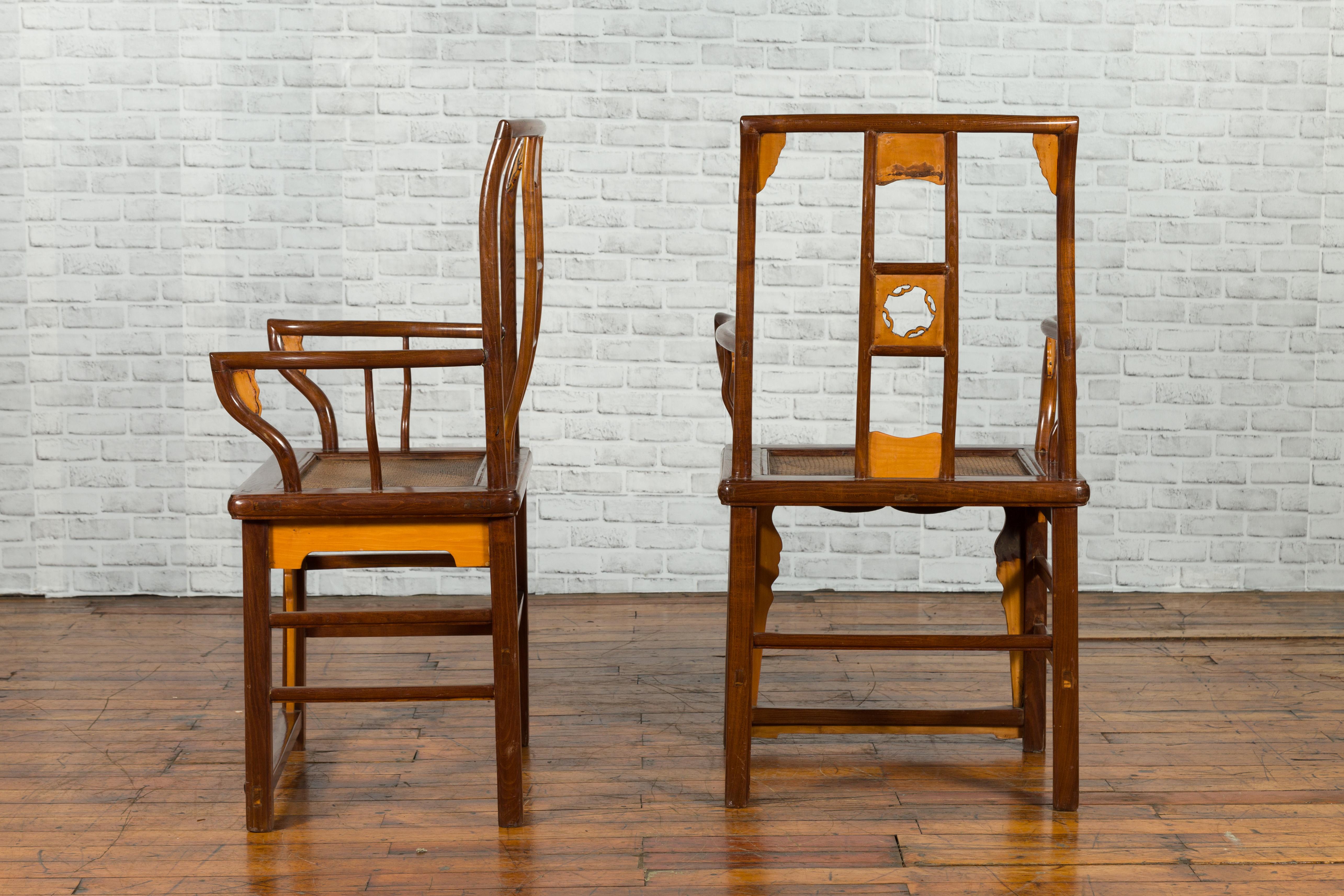 Pair of Chinese Antique Elm and Fruitwood Yoke Back Armchairs with Rattan Seats 11