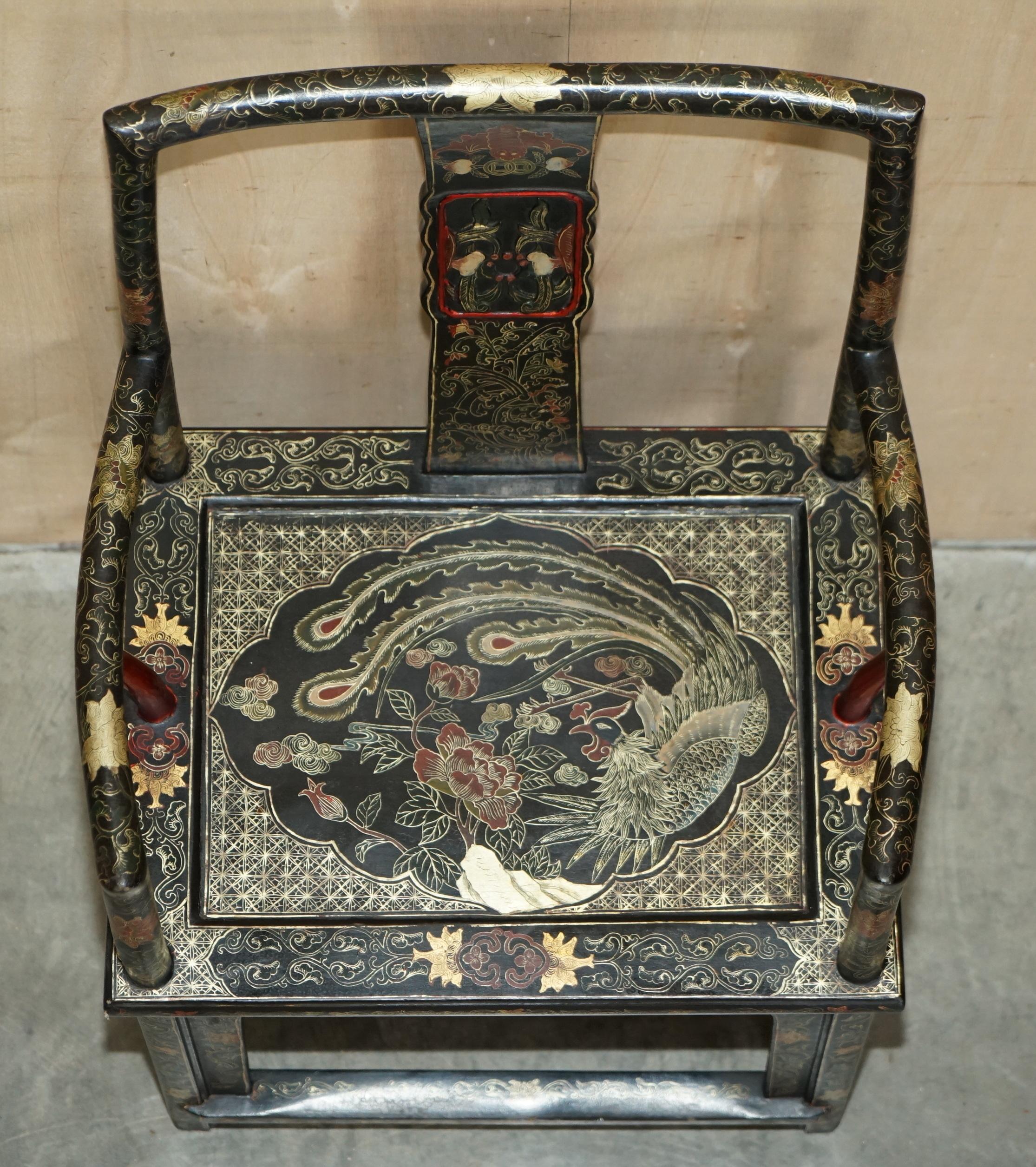 Pair of Chinese Antique Export Cir 1900 Lacquered & Painted Ming Style Armchairs For Sale 6