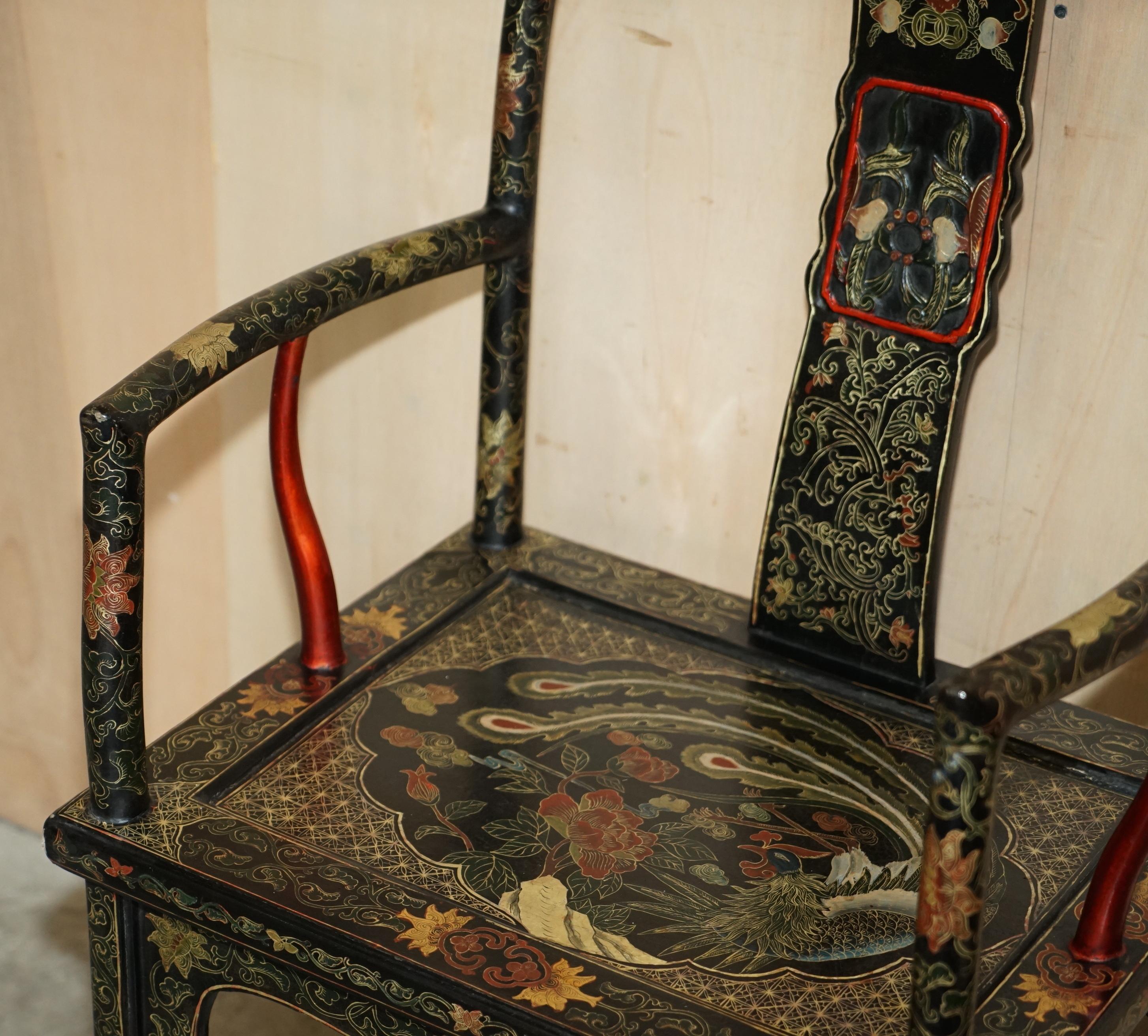 Pair of Chinese Antique Export Cir 1900 Lacquered & Painted Ming Style Armchairs For Sale 8