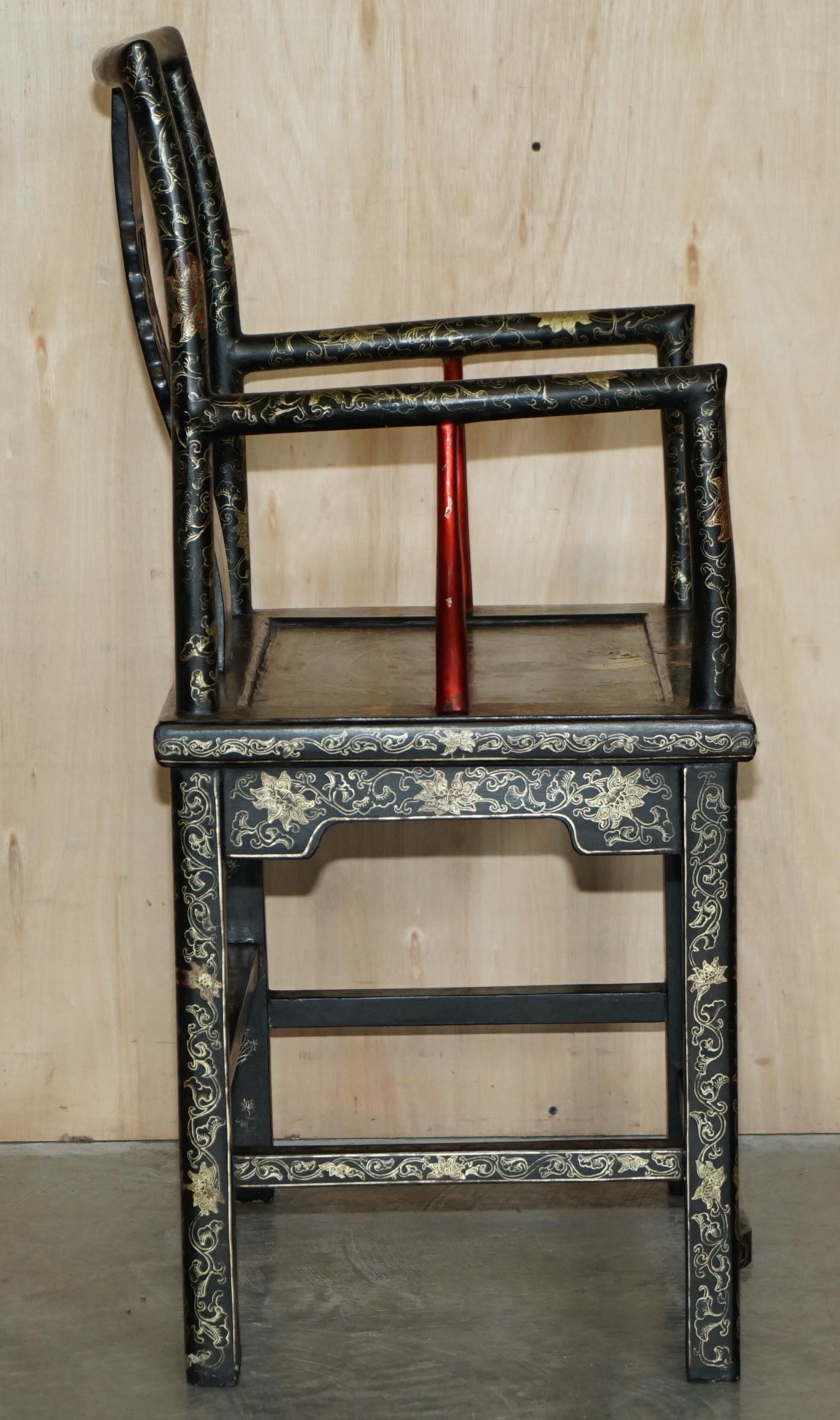 Pair of Chinese Antique Export Cir 1900 Lacquered & Painted Ming Style Armchairs For Sale 13