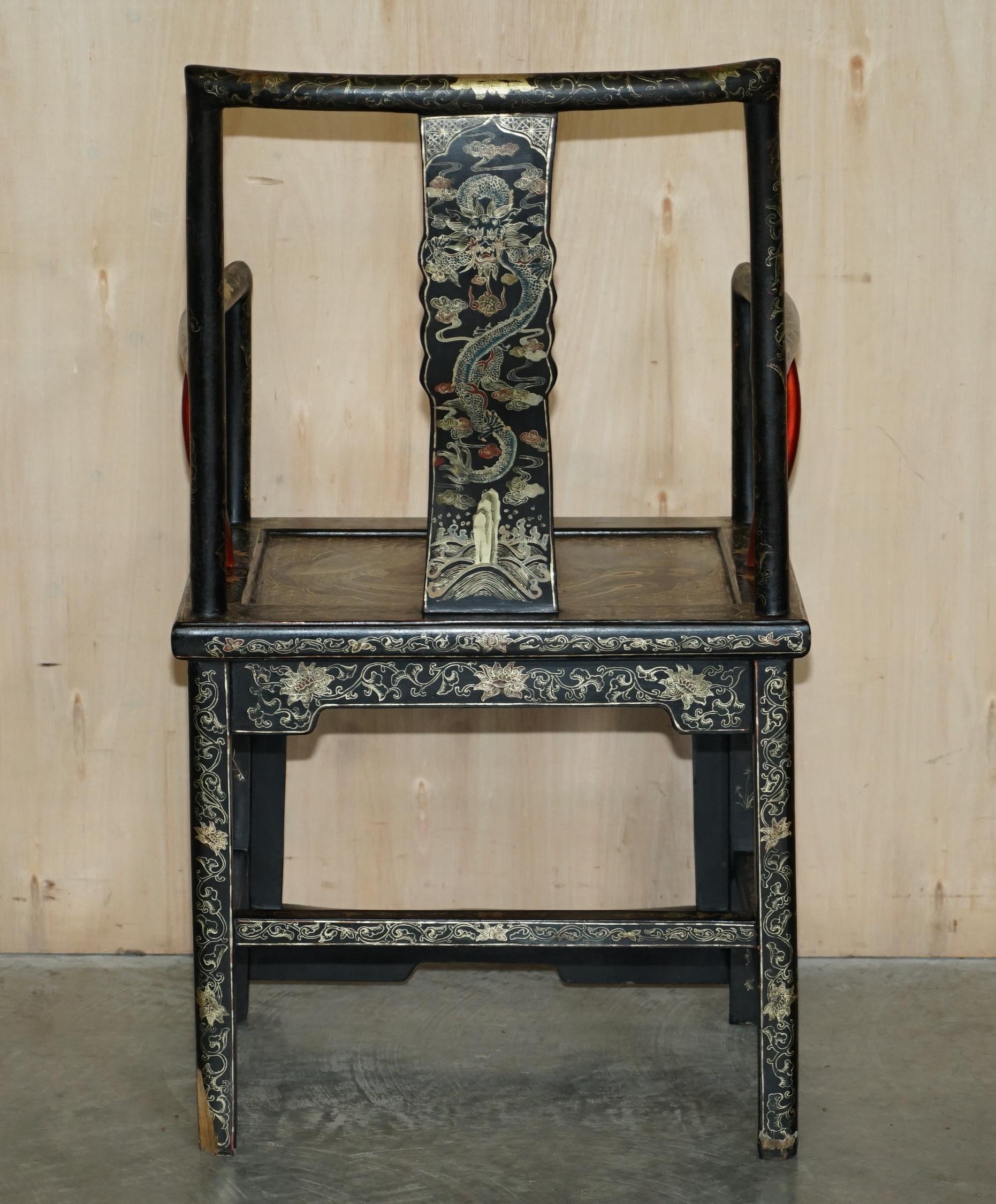 Pair of Chinese Antique Export Cir 1900 Lacquered & Painted Ming Style Armchairs For Sale 14