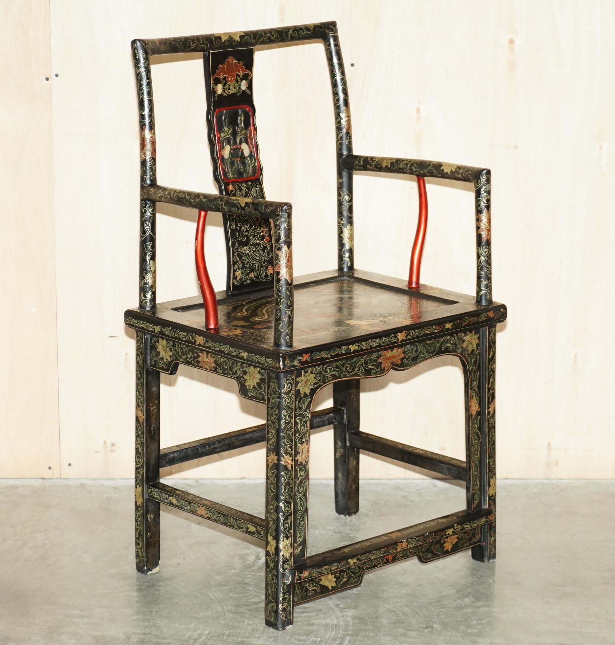 We are delighted to offer for sale this stunning pair of highly decorative Chinese Export circa 1900-1920 hand painted and lacquered Ming style armchairs

I have three of these chairs in total, this pair with red detailing to the arms and then