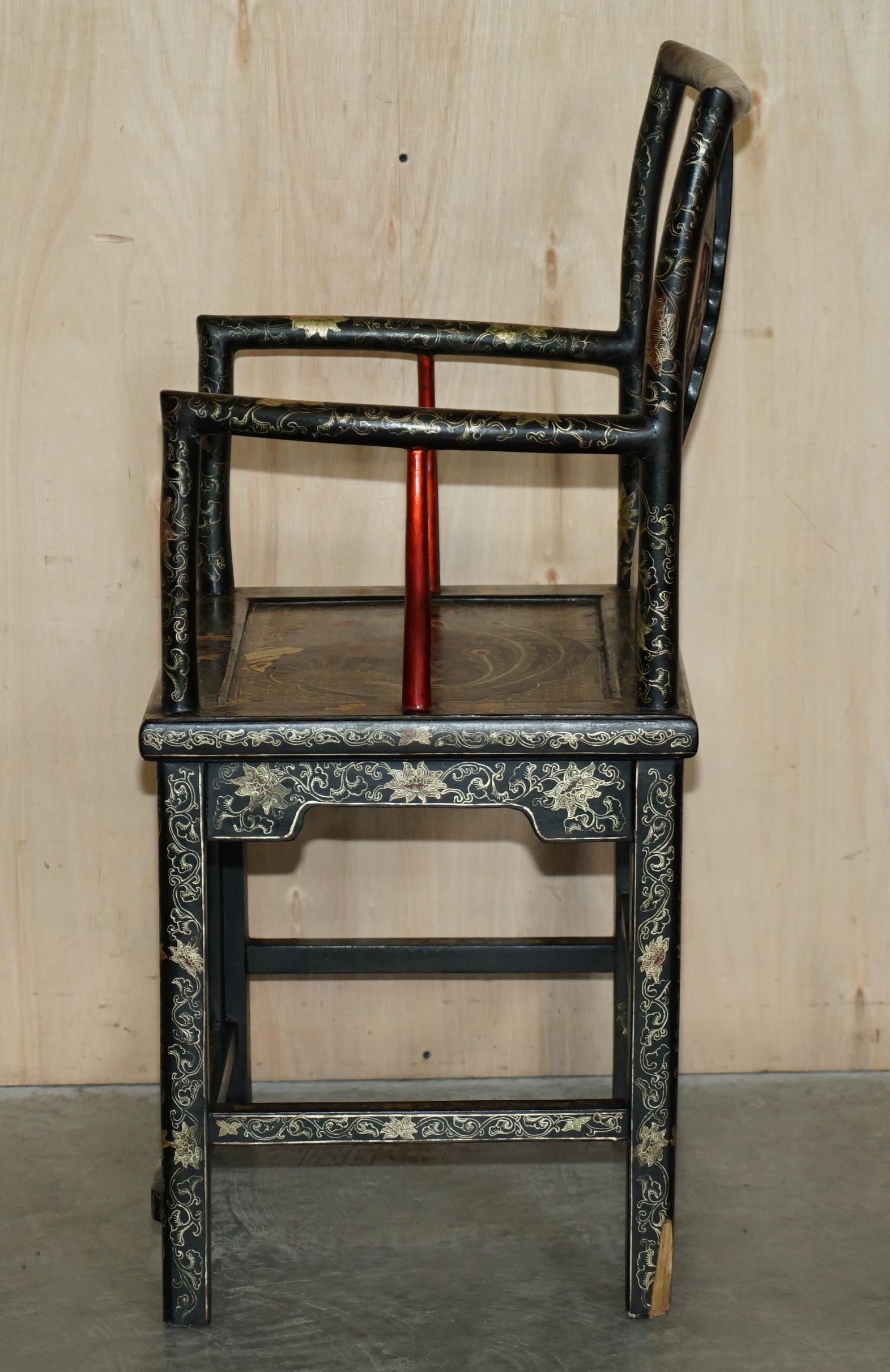 Pair of Chinese Antique Export Cir 1900 Lacquered & Painted Ming Style Armchairs For Sale 15